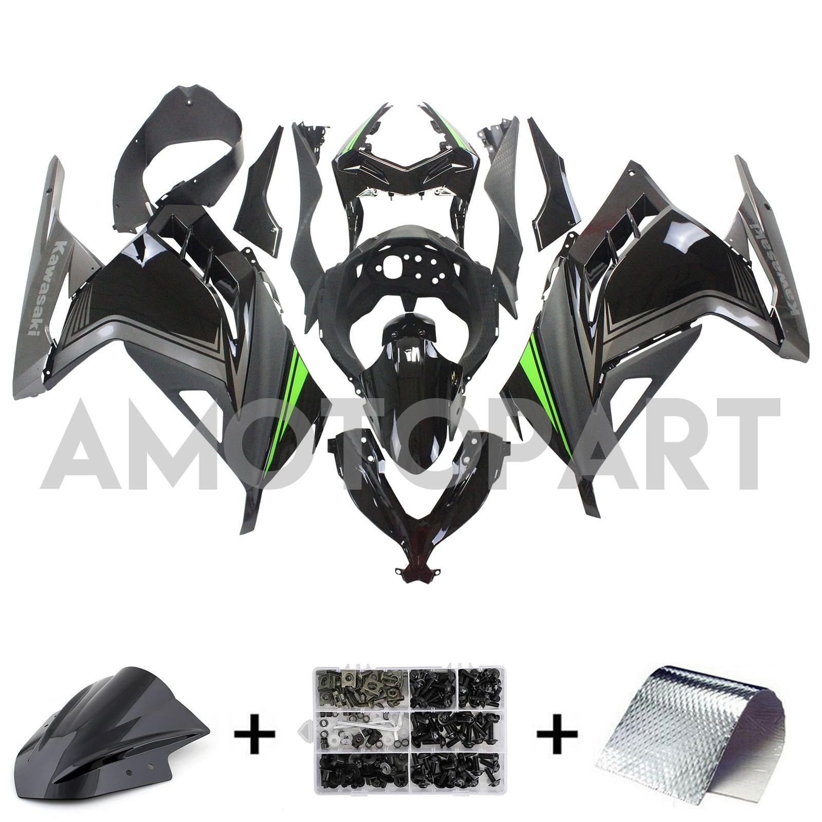 Amotopart Kawasaki 2013-2024 EX300/Ninja300 Black Sliver Fairing Kit