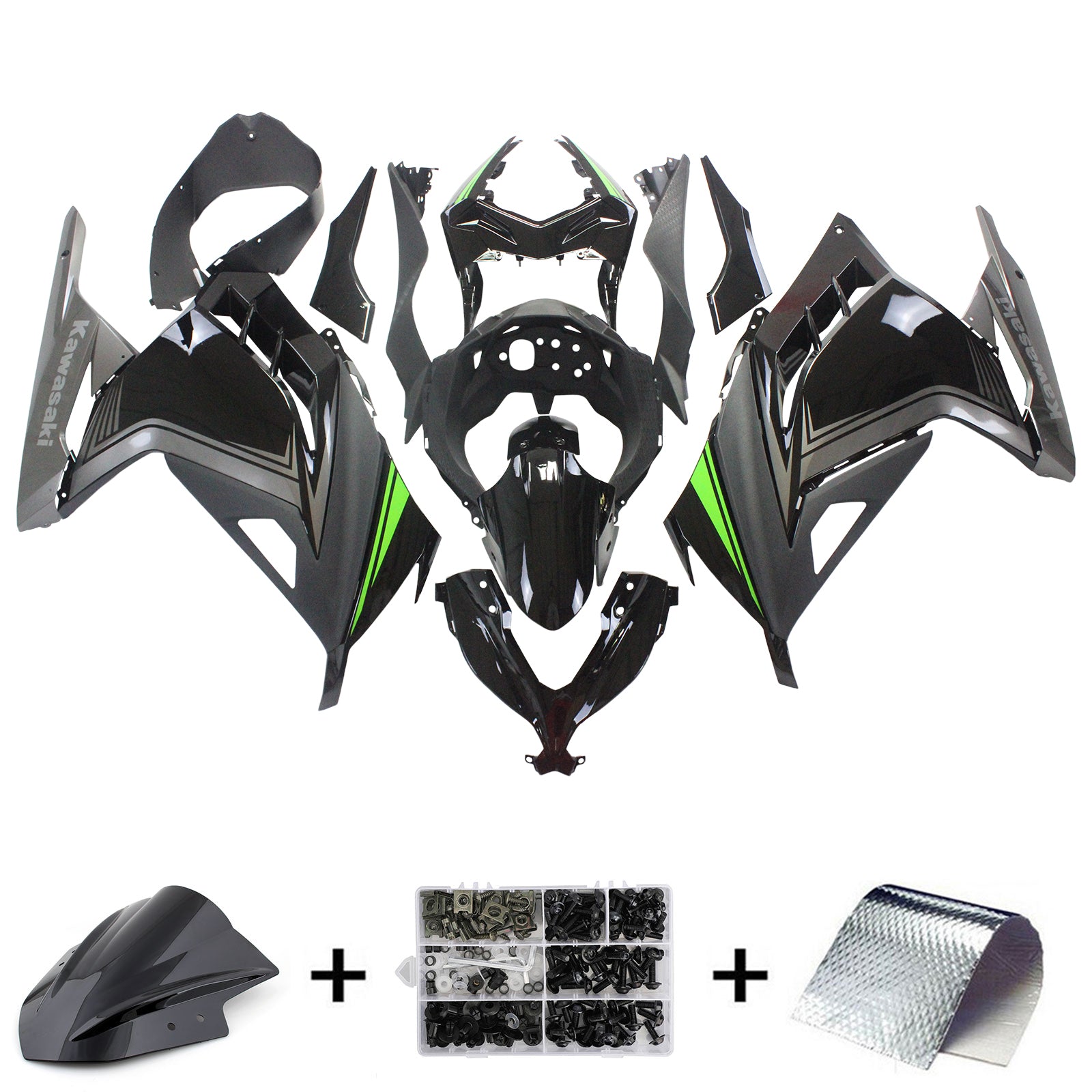 Amotopart Kawasaki 2013–2024 EX300/Ninja 300 Black Sliver Verkleidungsset