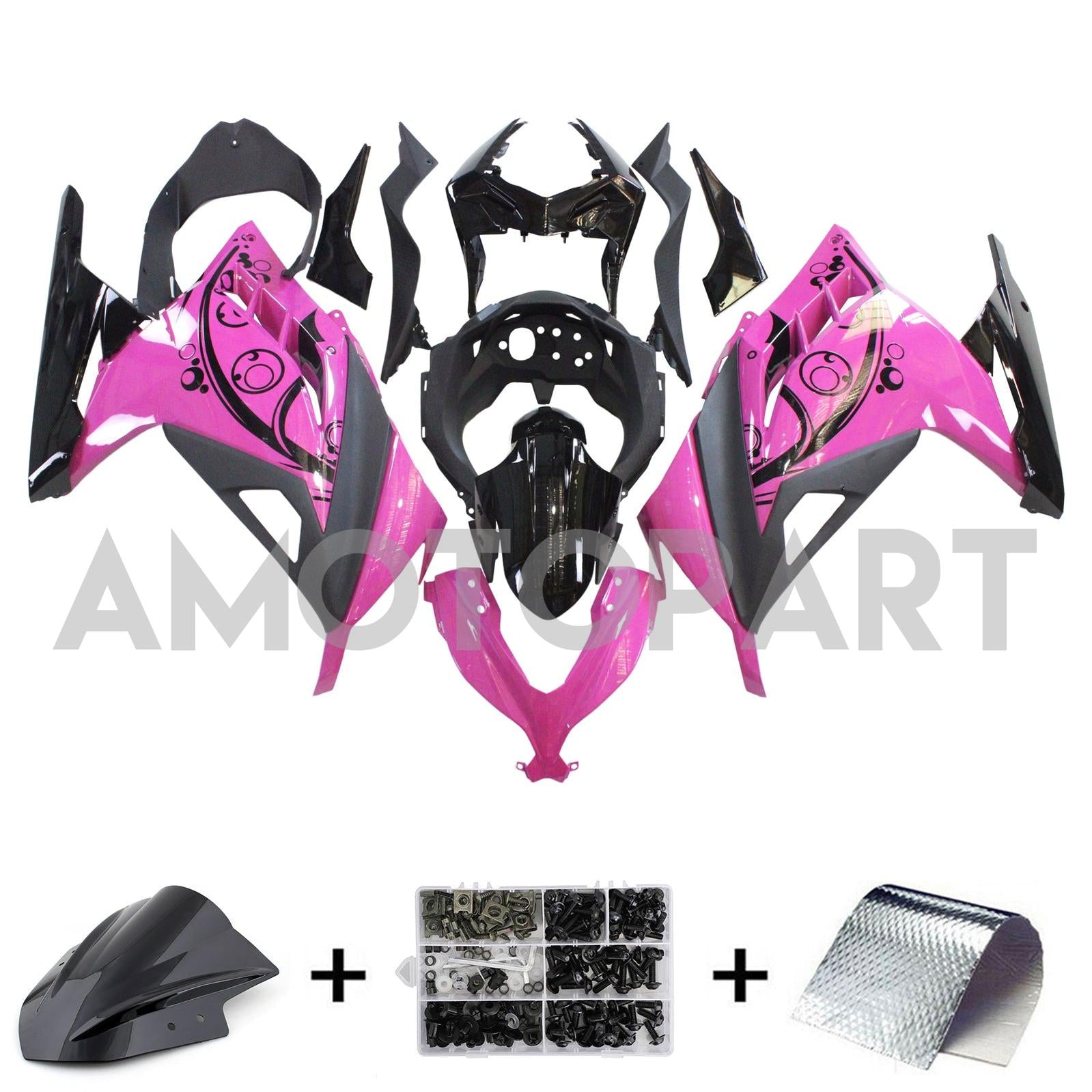 Amotopart Kawasaki 2013-2024 EX300/Ninja300 Black Pink Fairing Kit