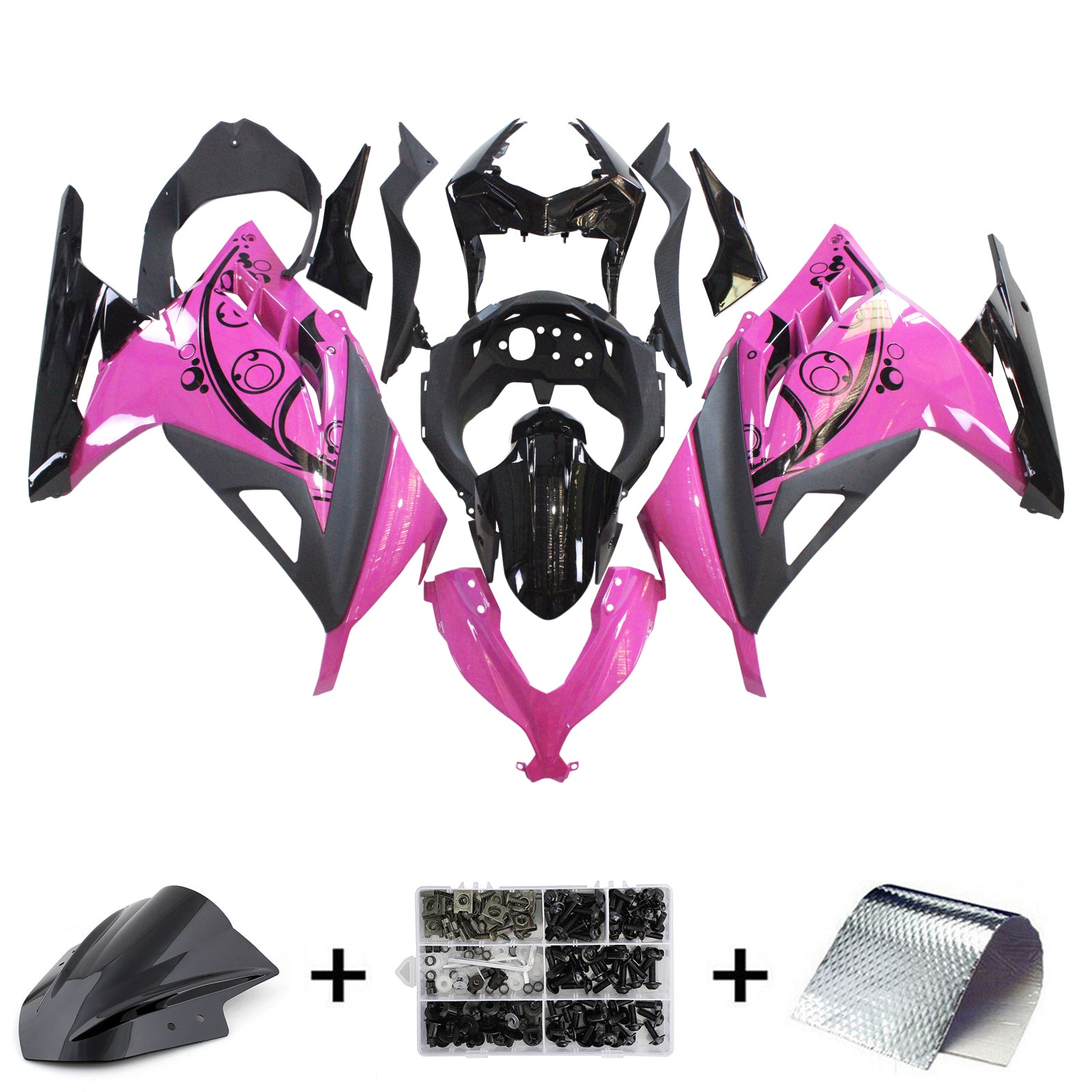 Amotopart Verkleidungssatz für Kawasaki 2013–2024 EX300/Ninja300, Schwarz/Pink