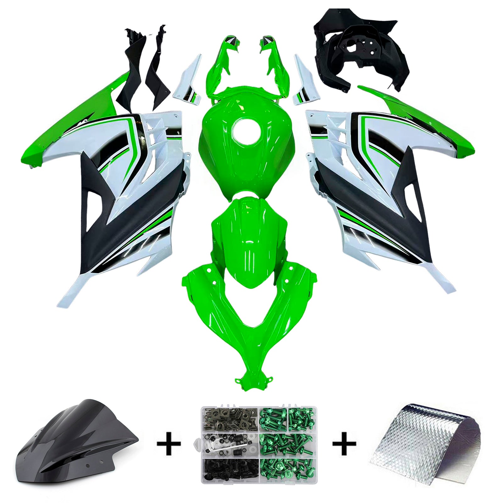 Amotopart 2013-2024 Kawasaki EX300/Ninja300 Black&Green Style6 Fairing Kit