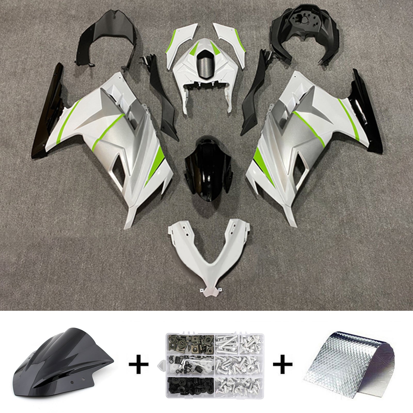 Amotopart 2013-2024 Kawasaki EX300/Ninja300 White&Silver Fairing Kit