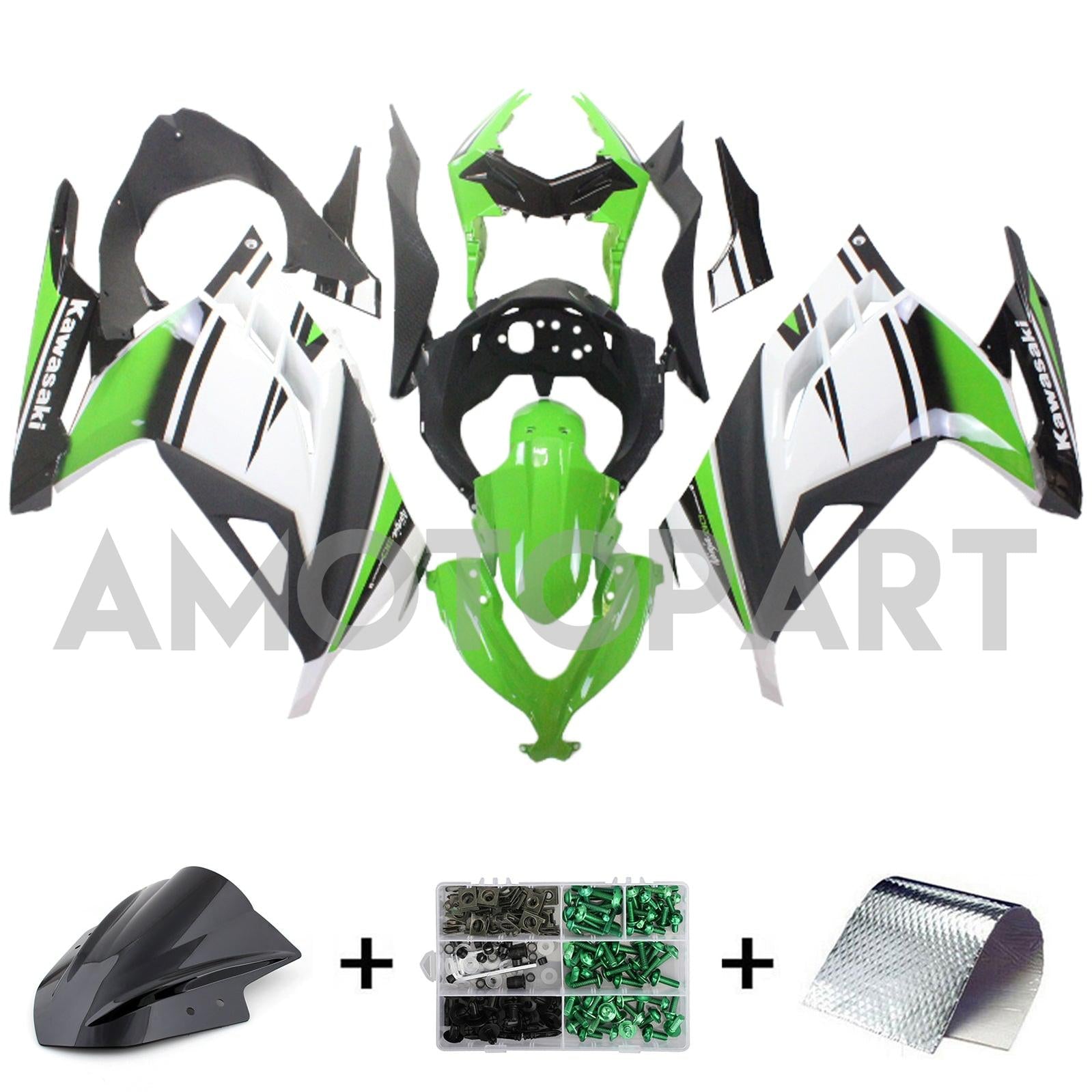 Amotopart 2013-2024 Kawasaki EX300/Ninja300 Schwarz&Grünes Style4-Verkleidungskit