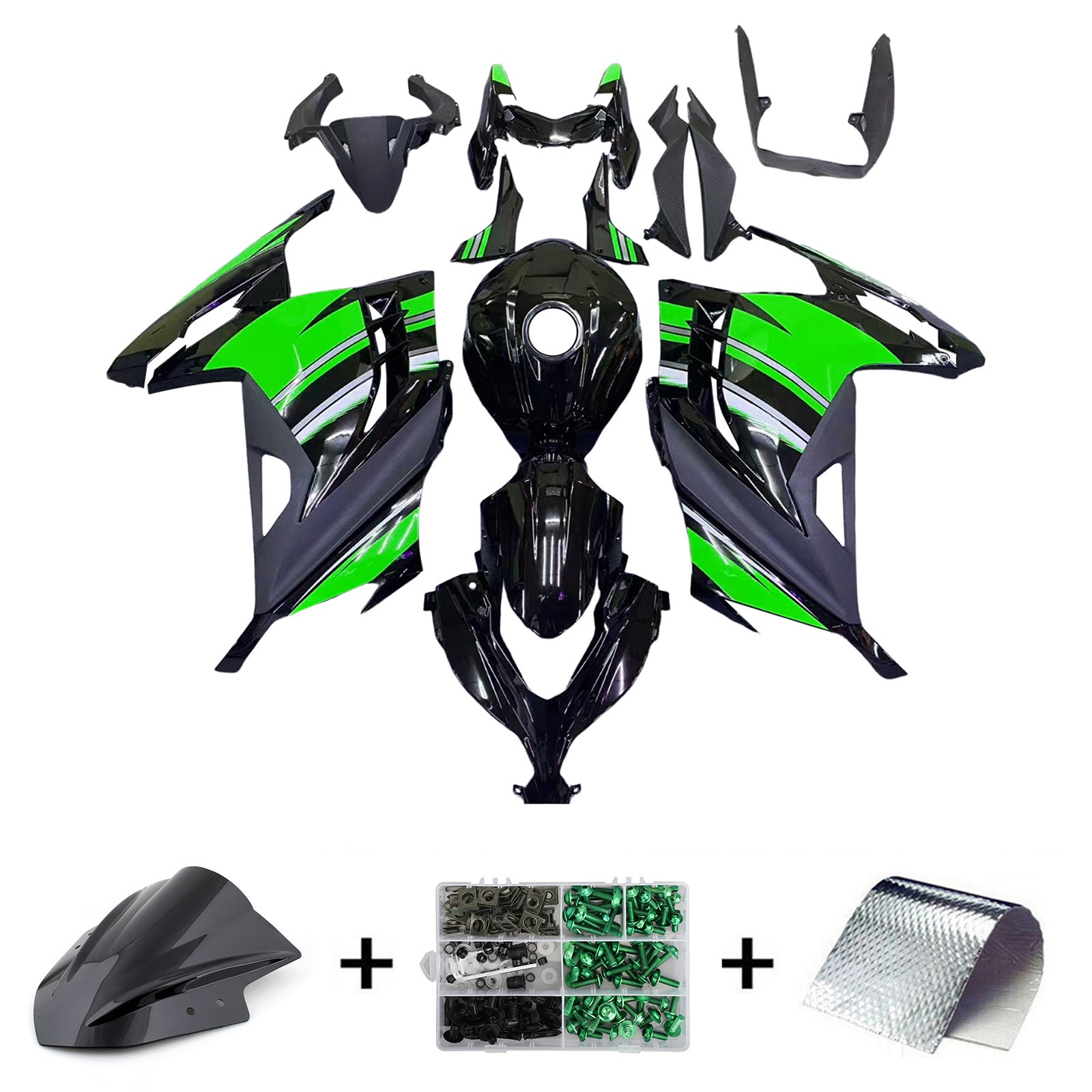 Amotopart 2013-2024 Kawasaki EX300/Ninja300 Noir&Kit de carénage vert Style3
