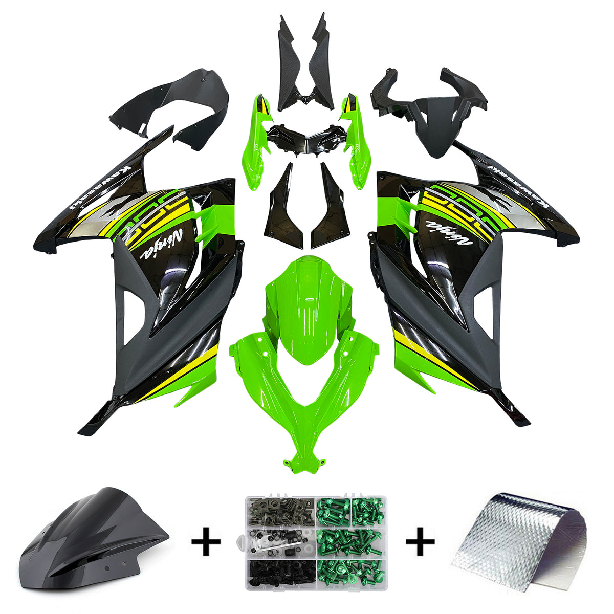 Amotopart 2013-2024 Kawasaki EX300/Ninja 300 Kit de carenado estilo negro y verde