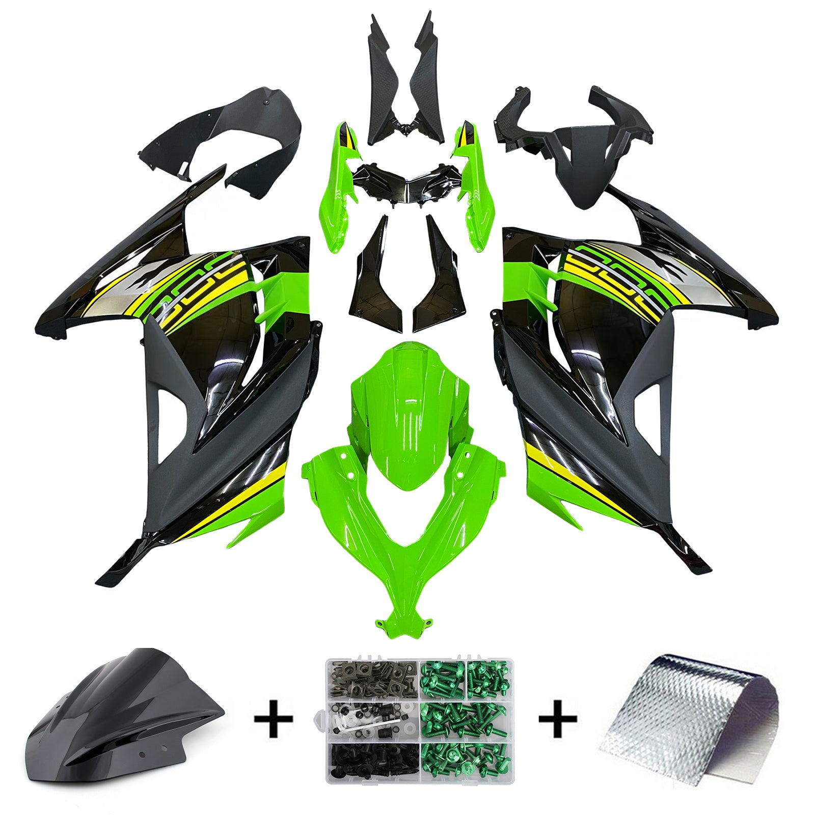 Amotopart 2013-2024 Kawasaki EX300/Ninja 300 Black & Green Styl3 Fairing Kit