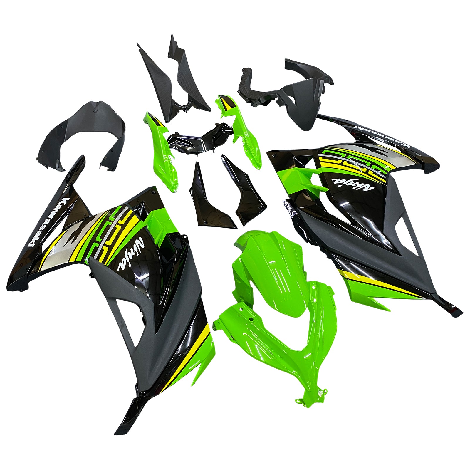 Amotopart 2013-2024 Kit carena Kawasaki EX300/Ninja300 Nero&amp;Verde Style3