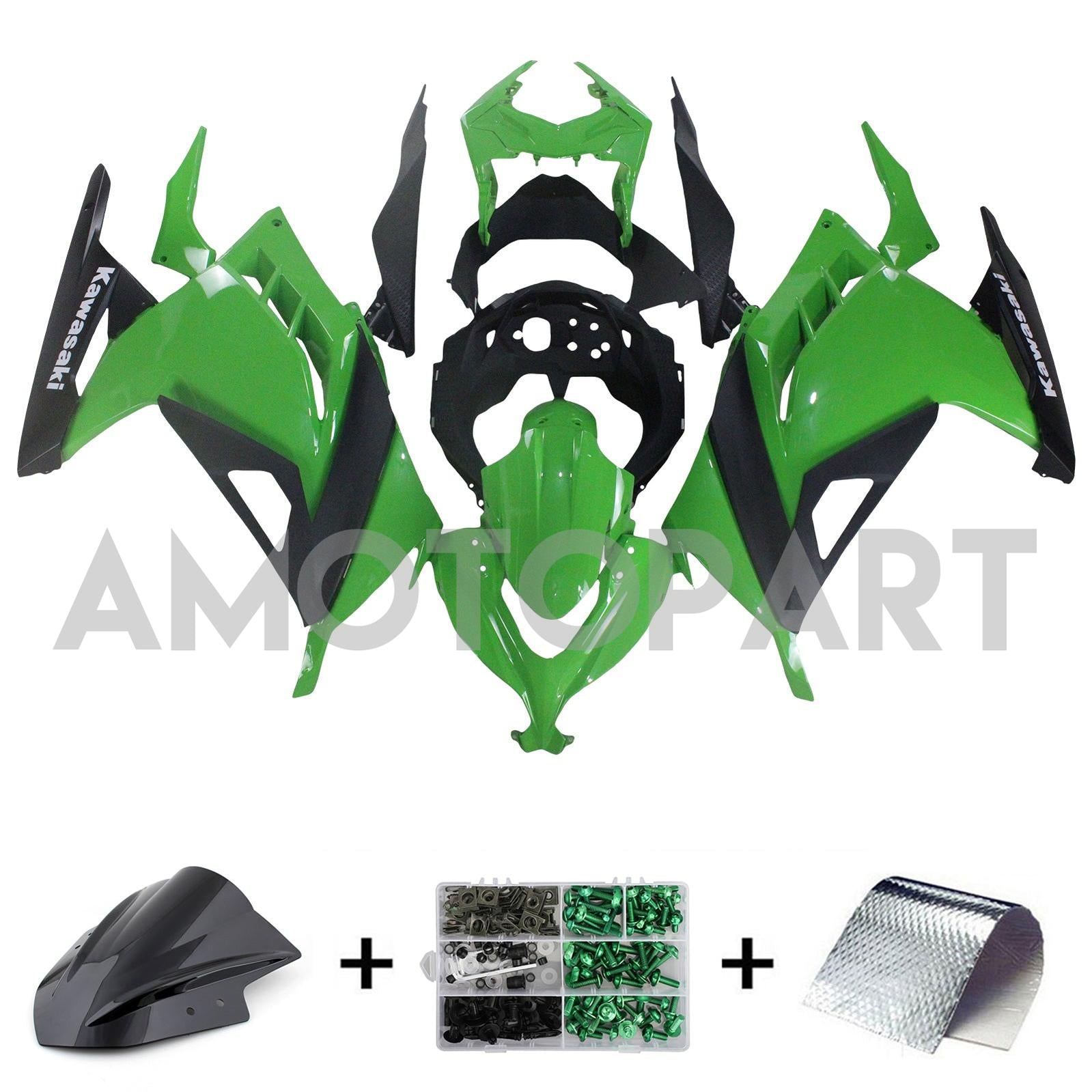 Amotopart 2013-2024 Kawasaki EX300/Ninja300 Schwarz&Grünes Style4-Verkleidungskit