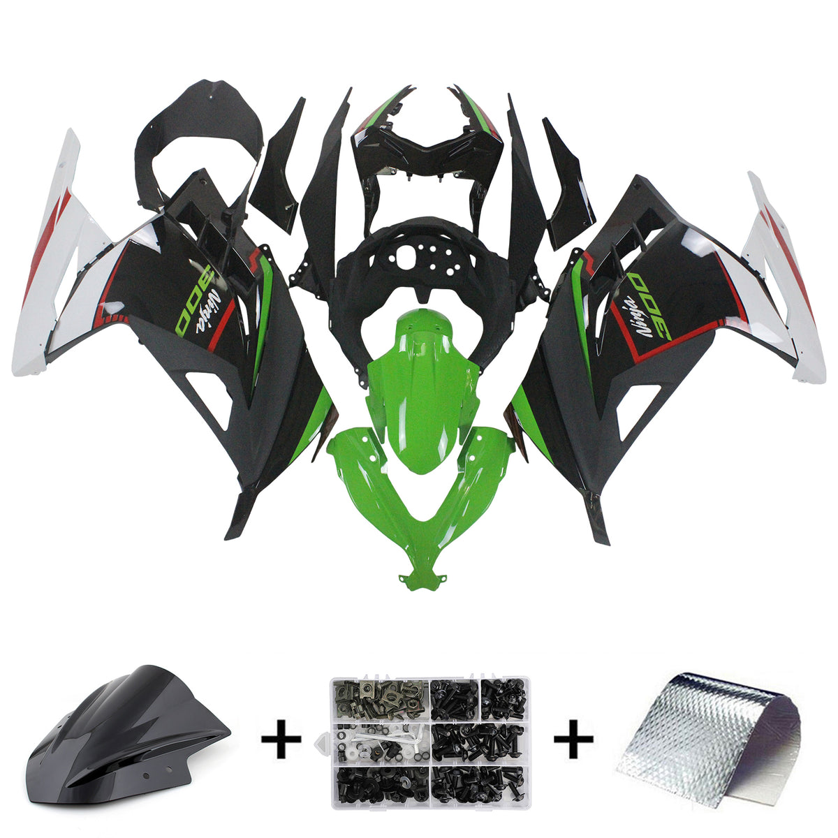 Amotopart 2013-2024 Kawasaki EX300/Ninja300 Nero&amp;Verde Style1 Kit carena