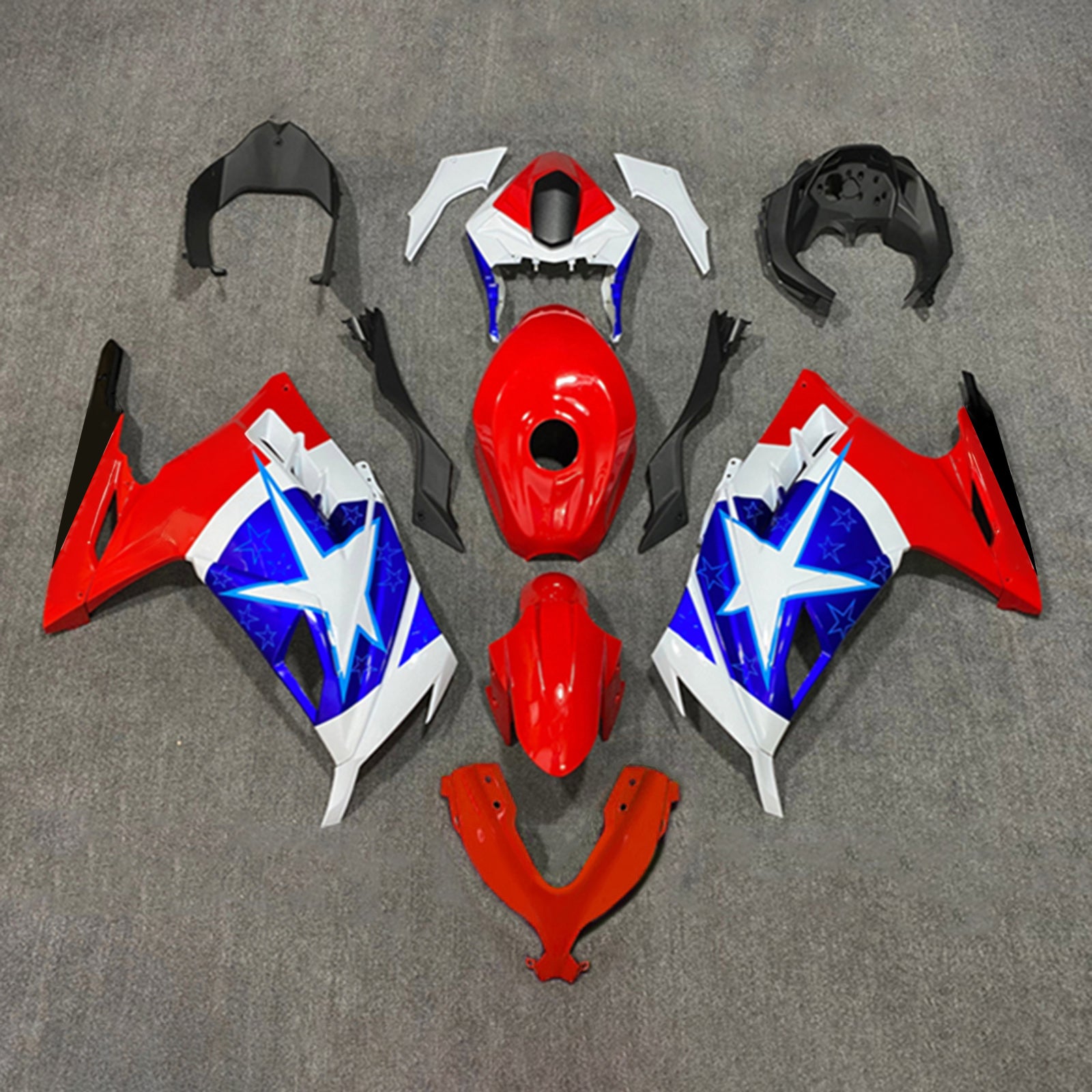 Amotopart 2013-2024 Kawasaki EX300/Ninja300 Rouge&Kit de carénage Blue Star