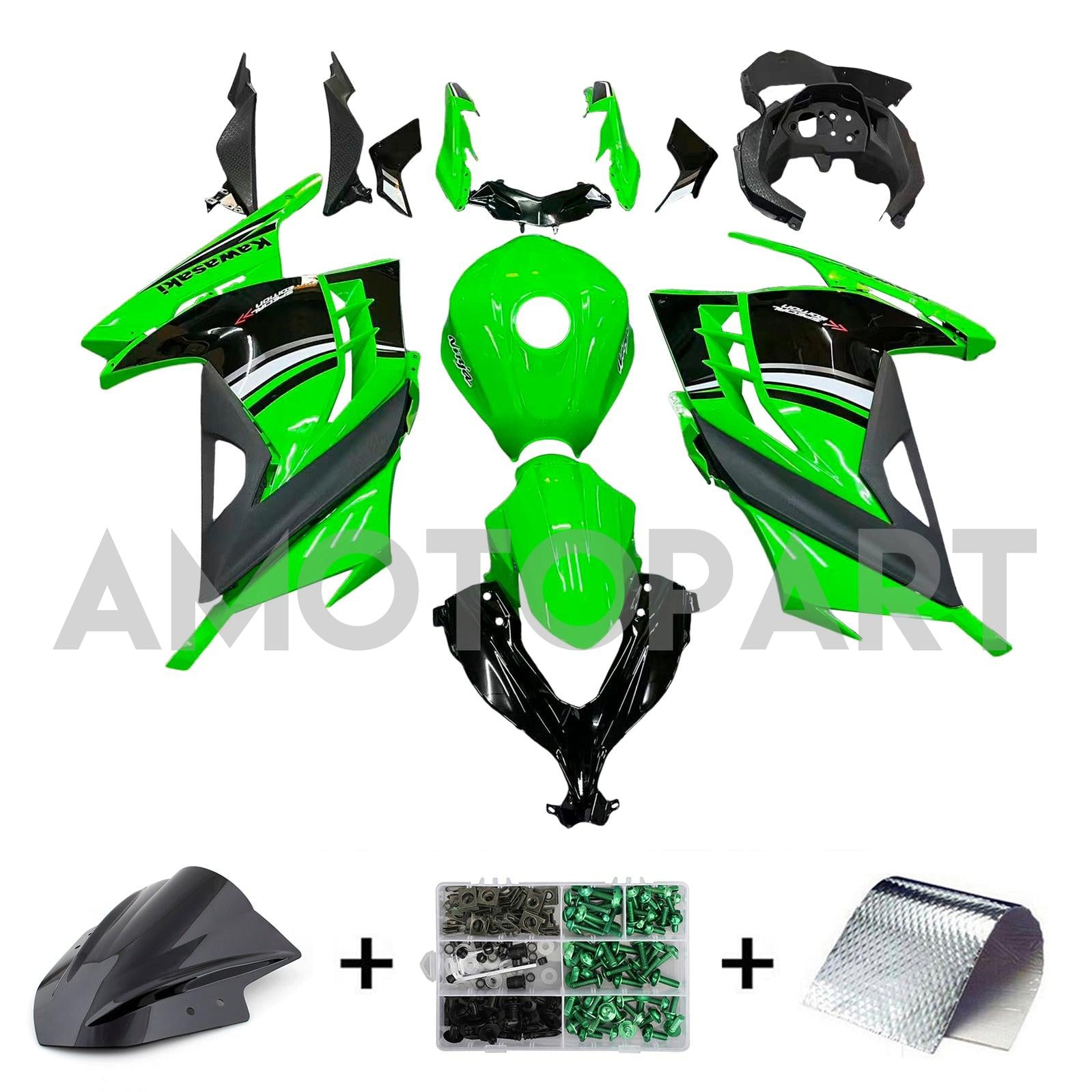 Amotopart 2013-2024 Kawasaki Ex300/Ninja 300 Black & Green Style 5 Fairing Kit