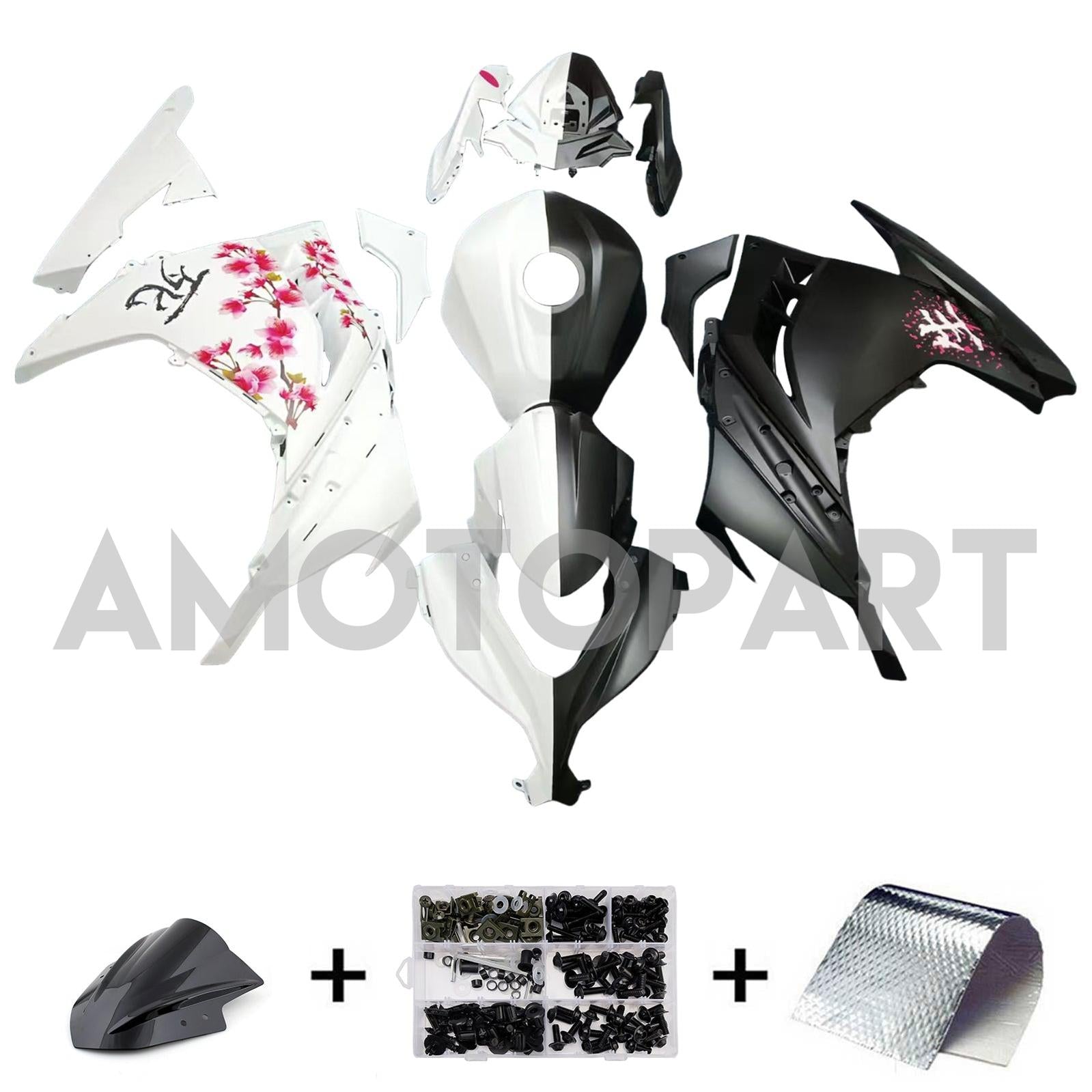 Amotopart 2013-2024 Kawasaki EX300 Ninja300 Black White Fairing Kit