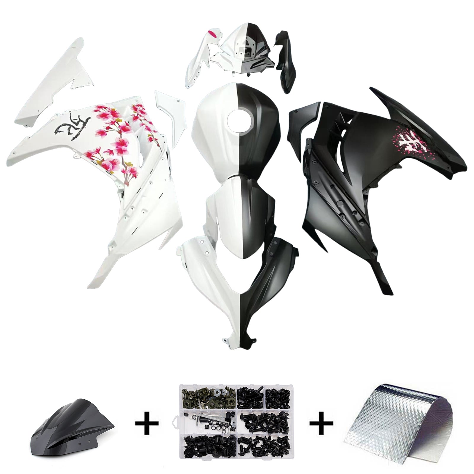 Amotopart 2013-2024 Kawasaki EX300 Ninja300 Black White Fairing Kit