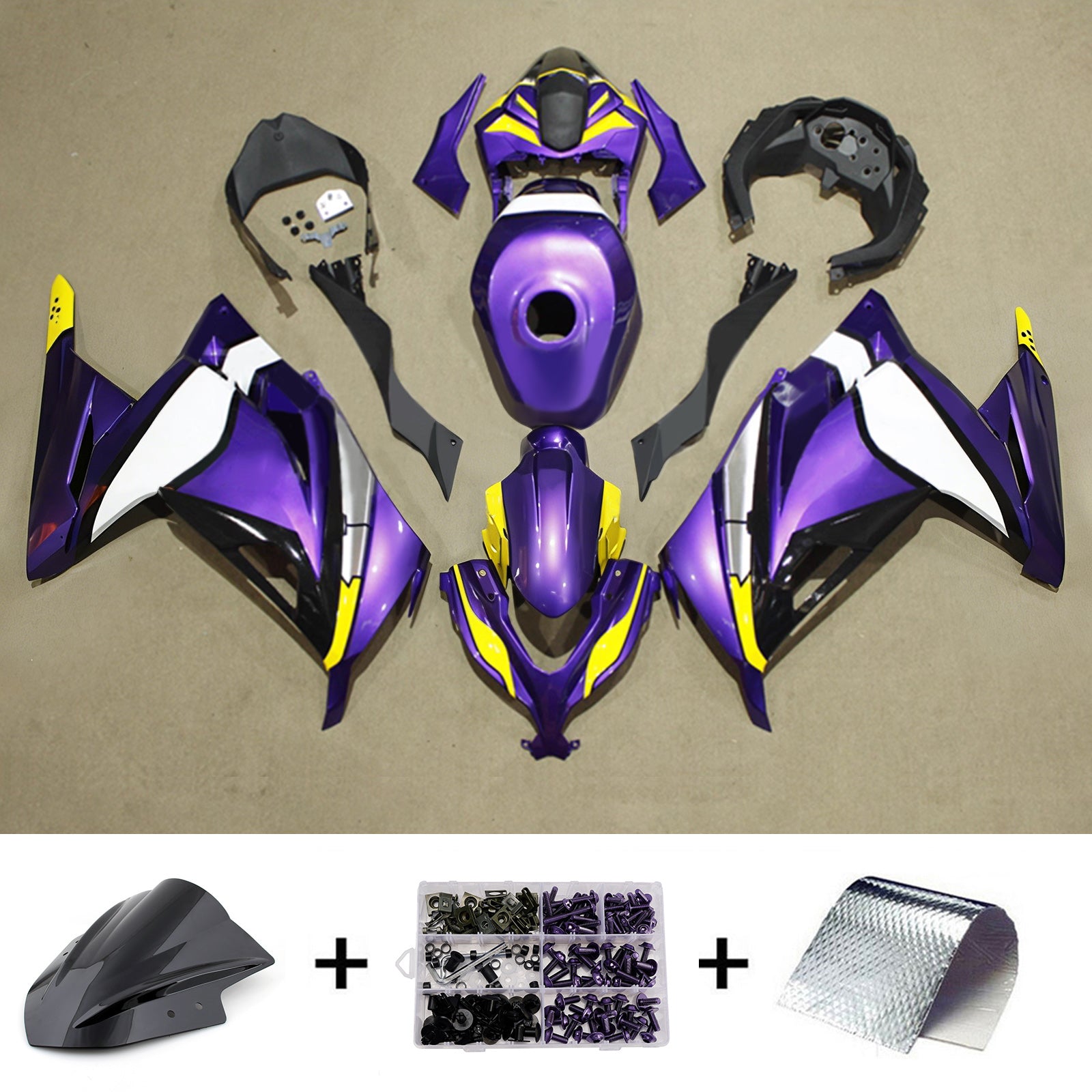Amotopart 2013-2024 Kawasaki EX300/Ninja 300 Paars Geel Wit Kuipset