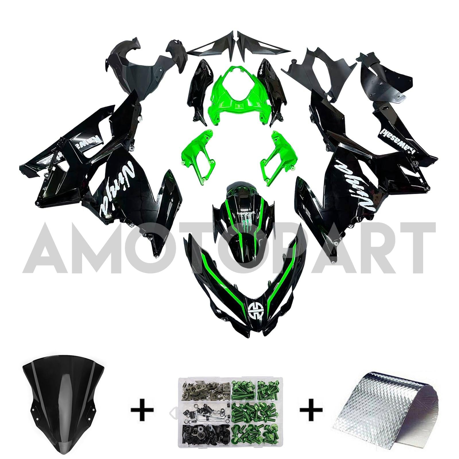 Amotopart 2018-2024 Kawasaki EX400/Ninja400 Fairing Black&Green Kit
