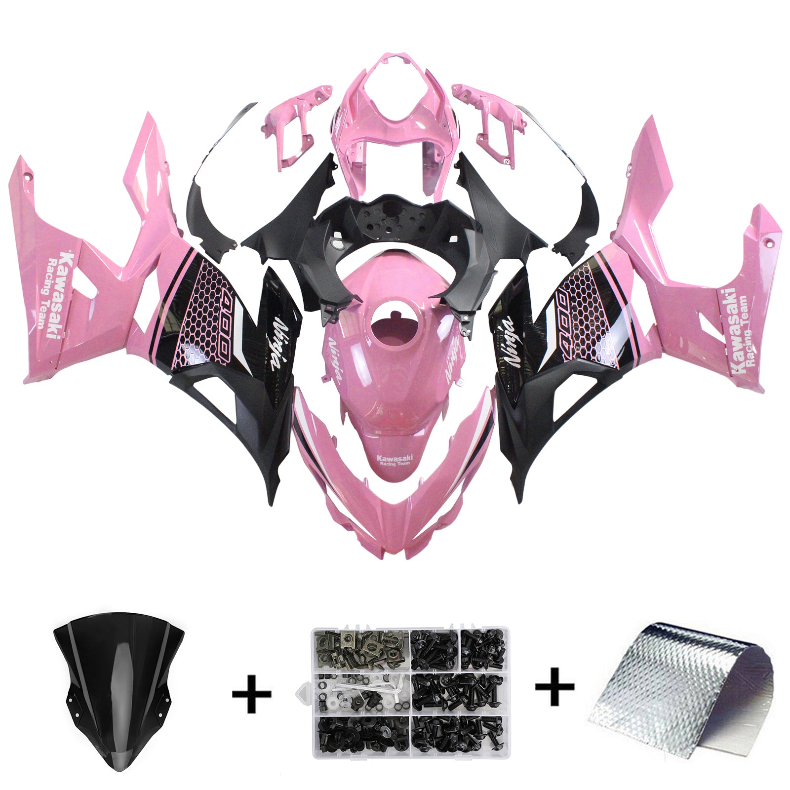 Amotopart Verkleidungssatz für Kawasaki 2018–2024 EX400/Ninja400, Schwarz/Pink