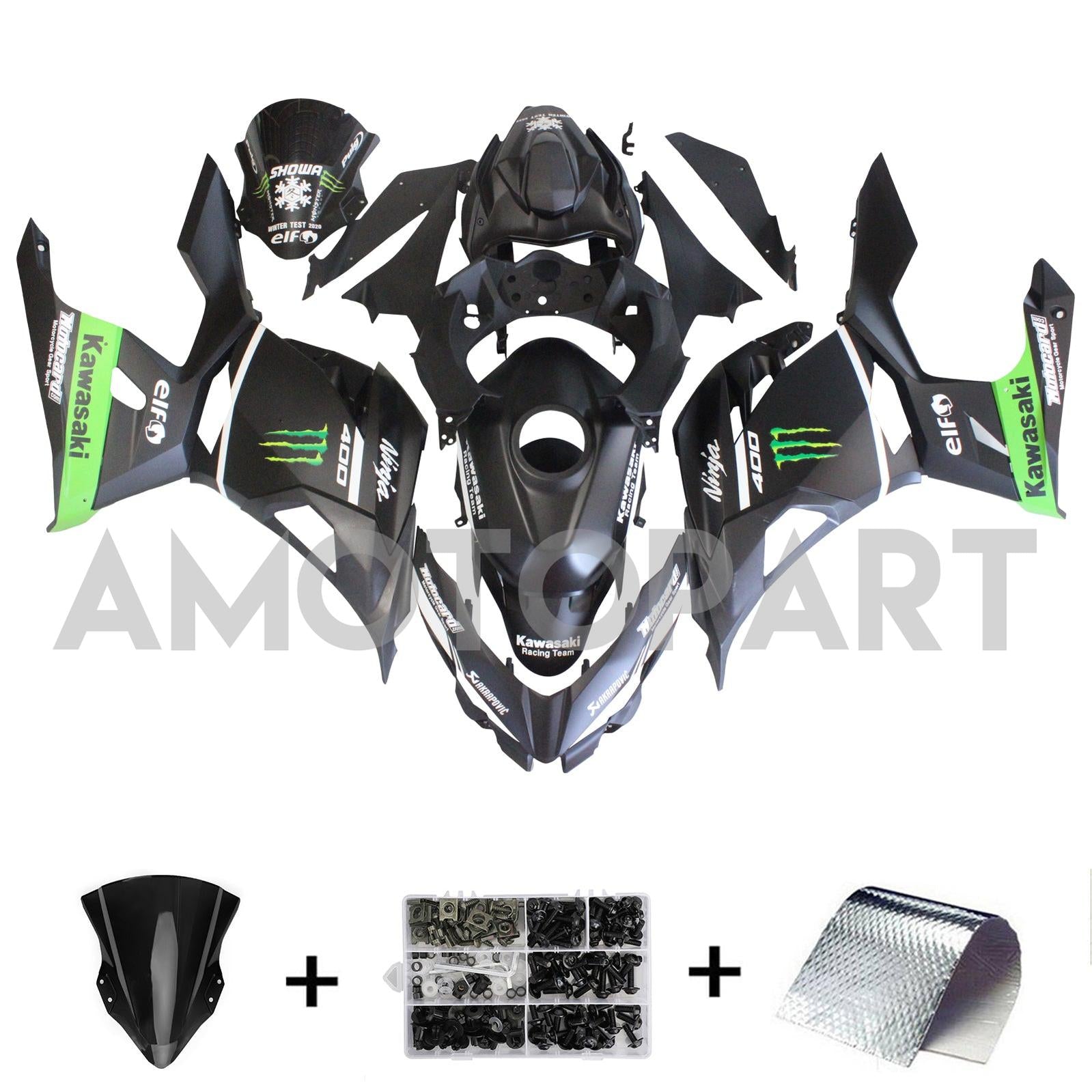 Amotopart Kawasaki 2018-2023 EX400/Ninja400 Matte Green Black Fairing Kit