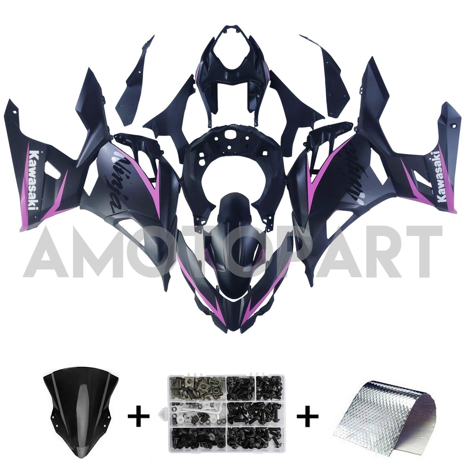 Amotopart Kawasaki 2018-2023 EX400/Ninja400 Pink Line Black Fairing Kit