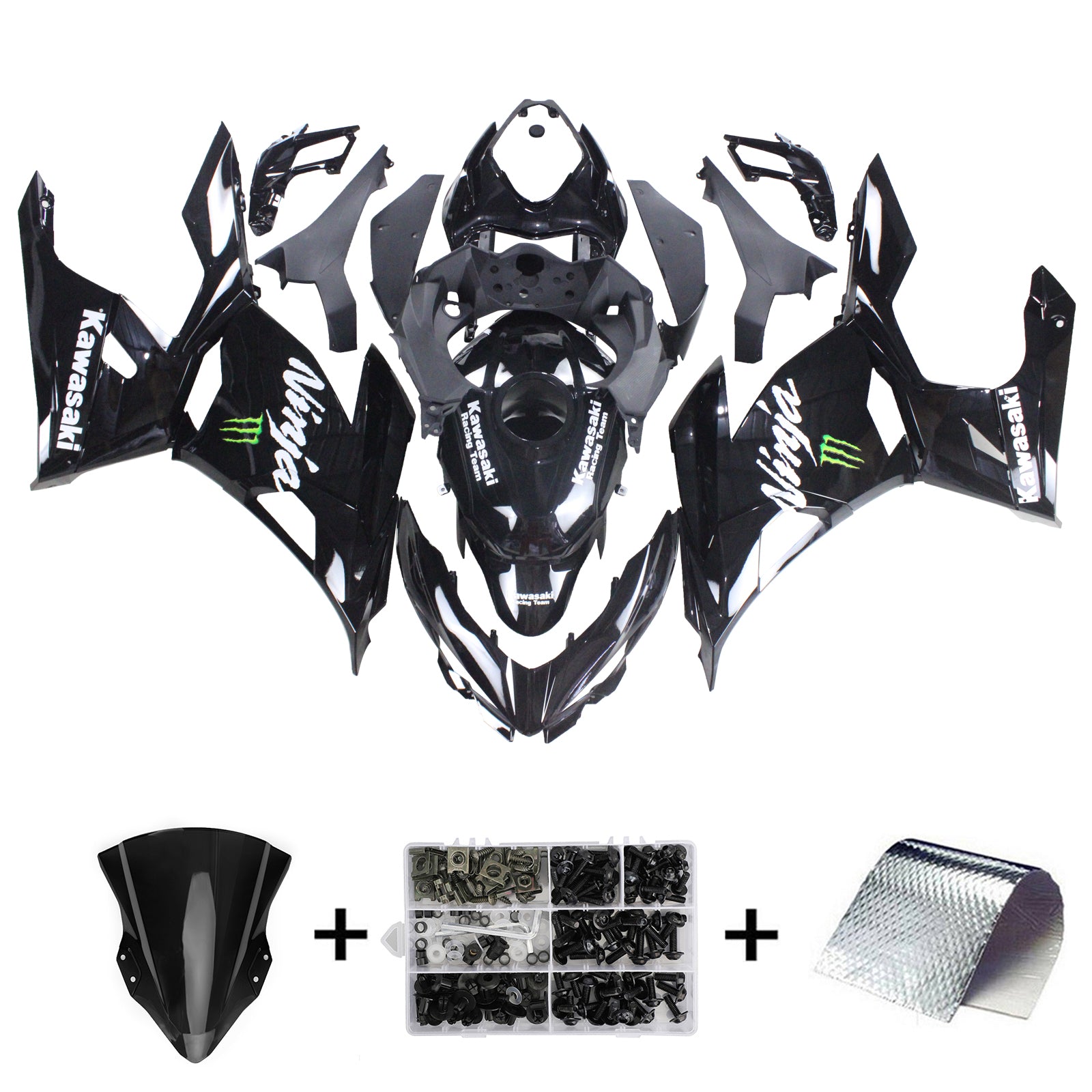 Kit de carénage Amotopart Kawasaki 2018-2024 EX400/Ninja400 noir brillant