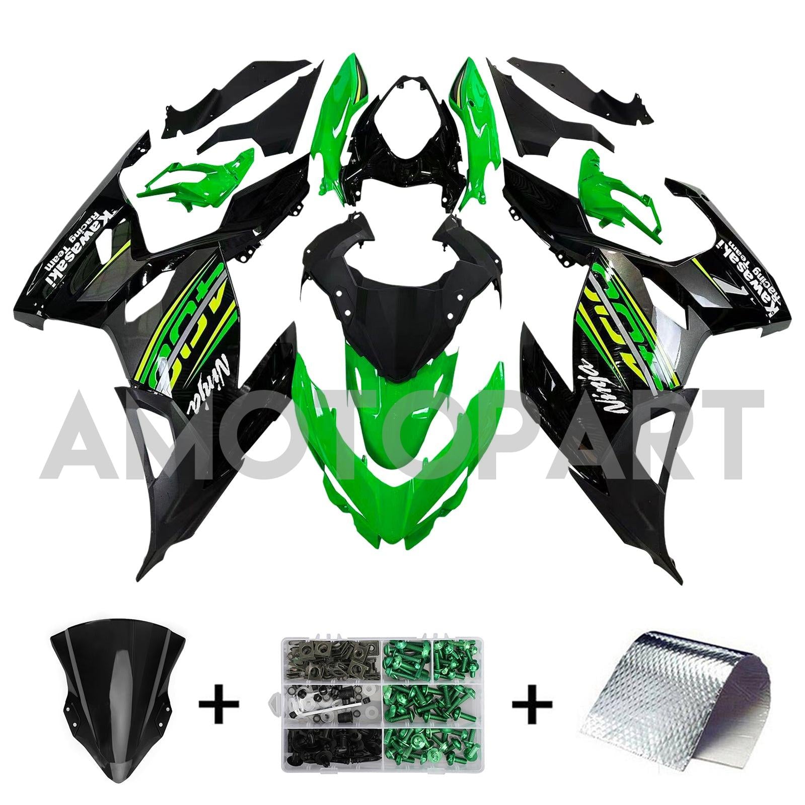 Amotopart Kawasaki 2018-2024 EX400/Ninja400 Black with Green Fairing Kit
