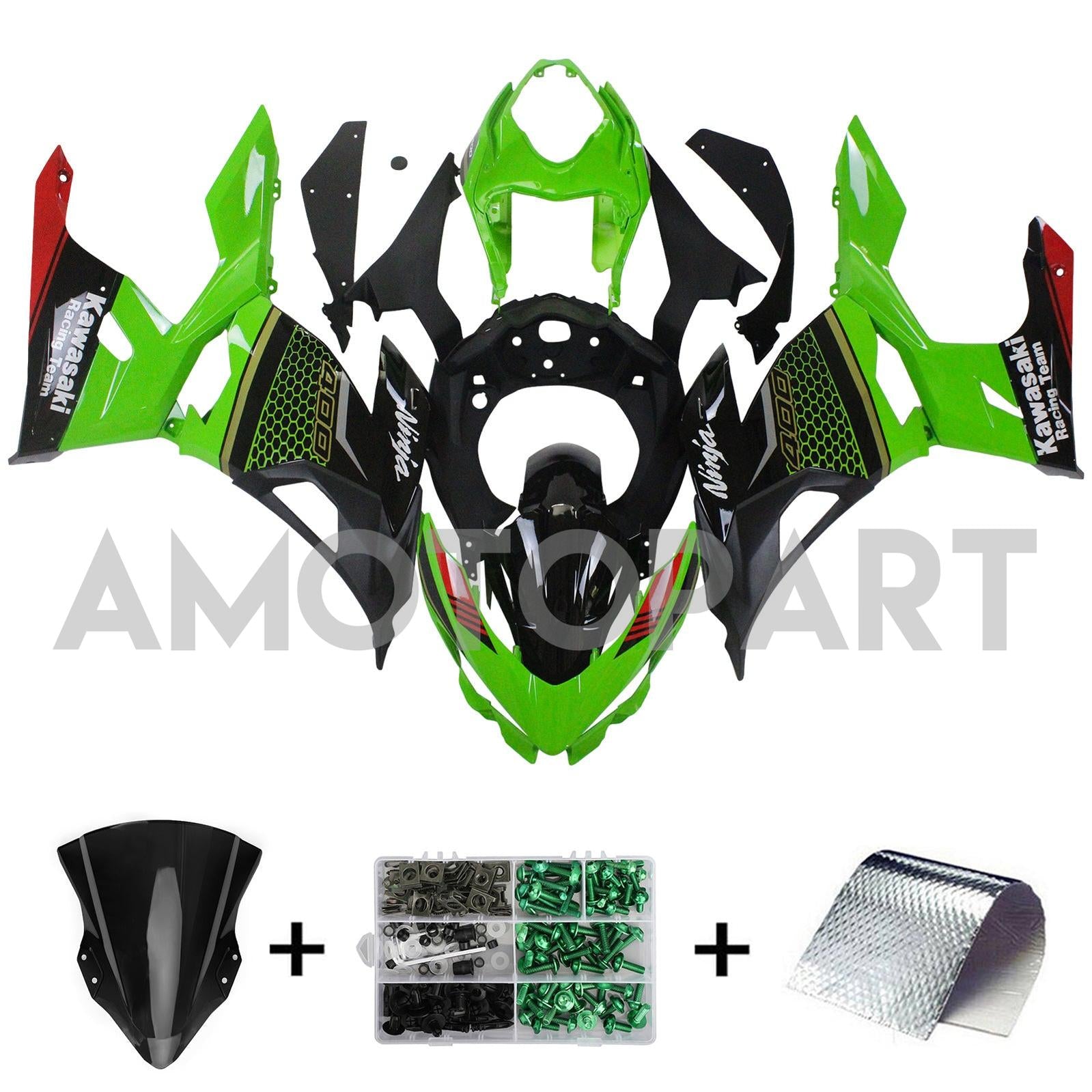 Amotopart Kawasaki 2018-2024 EX400/Ninja400 Green with Black Fairing Kit