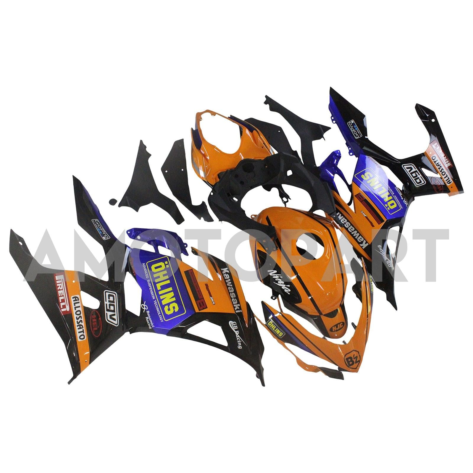 Amotopart 2018–2024 Kawasaki EX400 Ninja400 Orange&Blaues Verkleidungskit