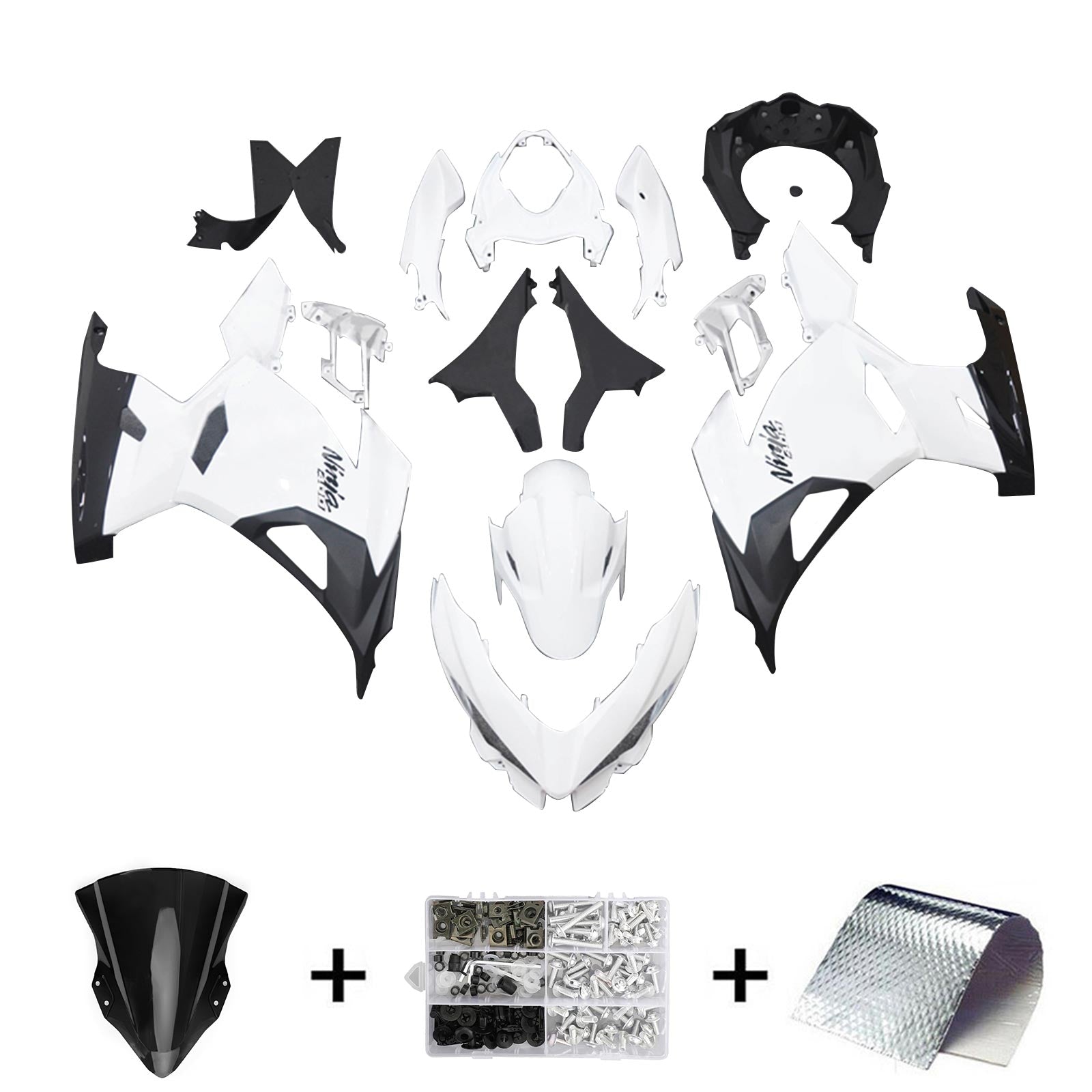 Amotopart 2018-2024 Kawasaki Ex400 Ninja 400 White & Black Fairing Kit