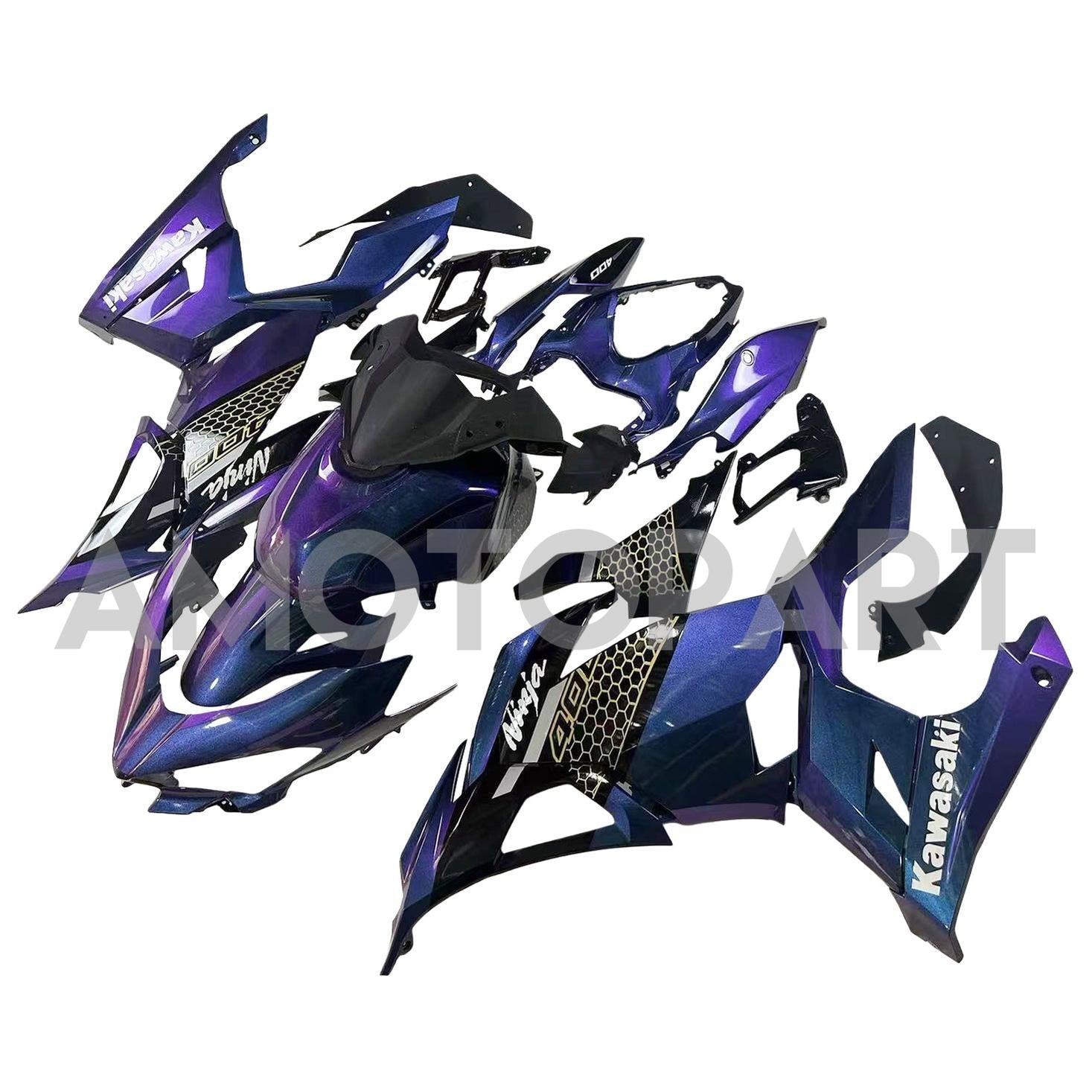 Amotopart 2018–2024 Kawasaki EX400 Ninja400 Chamäleonblau & Lila Verkleidungssatz