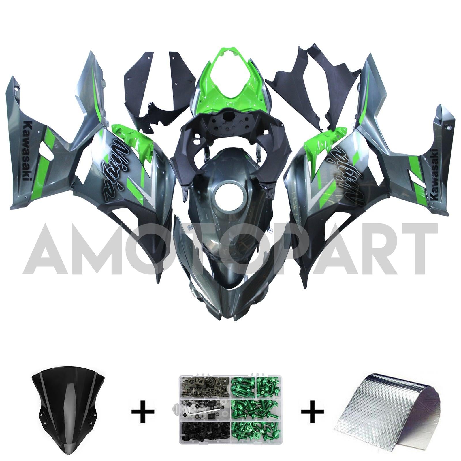 Amotopart 2018-2024 Kawasaki EX400 Ninja400 Schwarz&Grünes Verkleidungsset