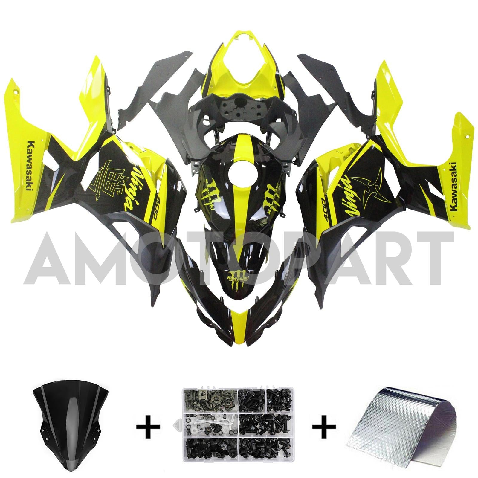 Amotopart 2018-2024 Kawasaki EX400 Ninja400 Schwarz&Gelbes Verkleidungsset