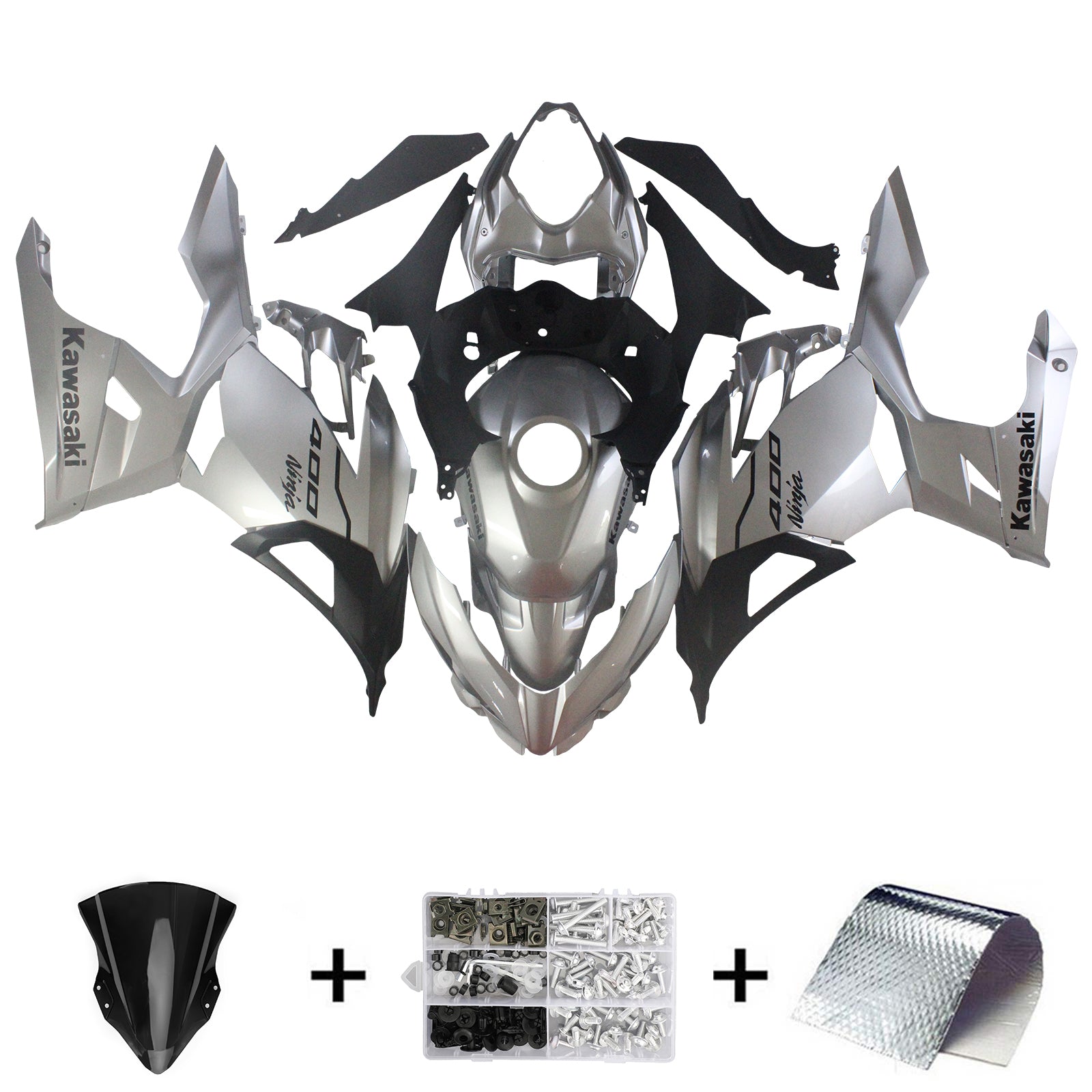 Amotopart Kawasaki EX400/Ninja400 2018-2023 Silver&Black Fairing Kit