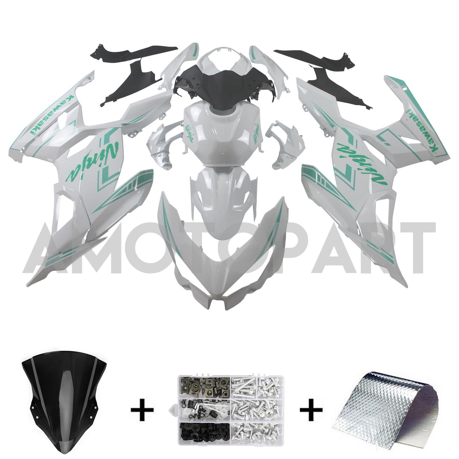 Amotopart Kawasaki EX400/Ninja400 2018-2023 White&Green Fairing Kit