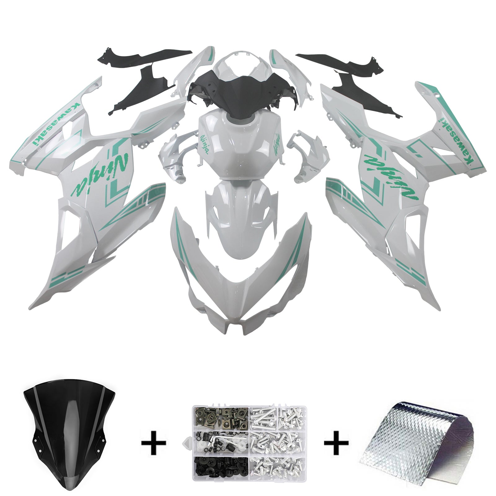 Amotopart Kawasaki EX400/Ninja400 2018-2023 Kit de carénage blanc et vert