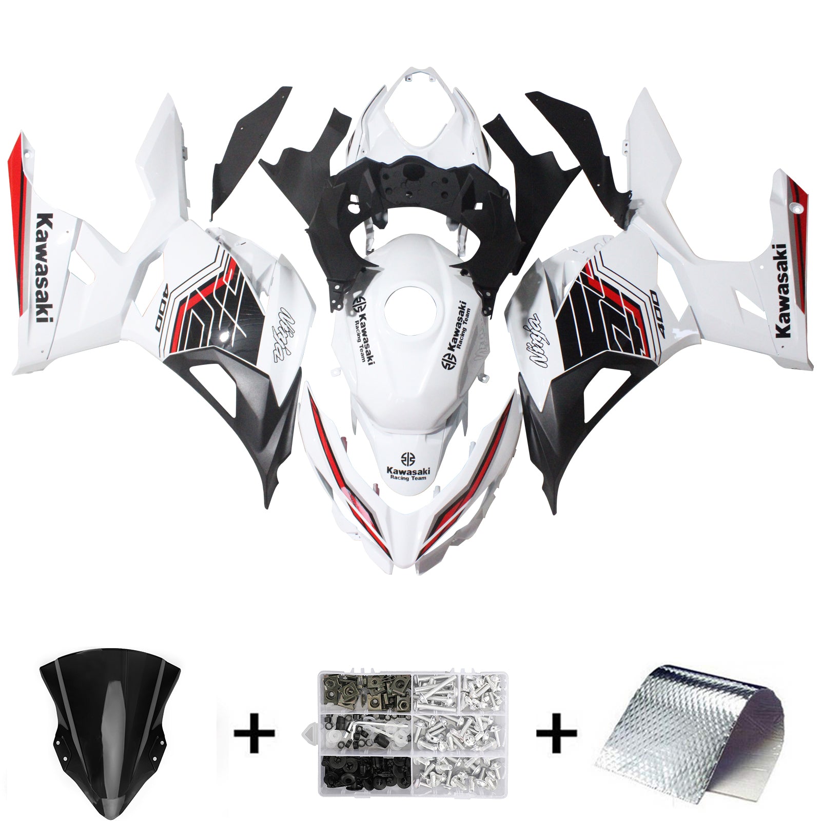 Kit de carenado Amotopart Kawasaki EX400/Ninja 400 2018-2023 blanco y negro