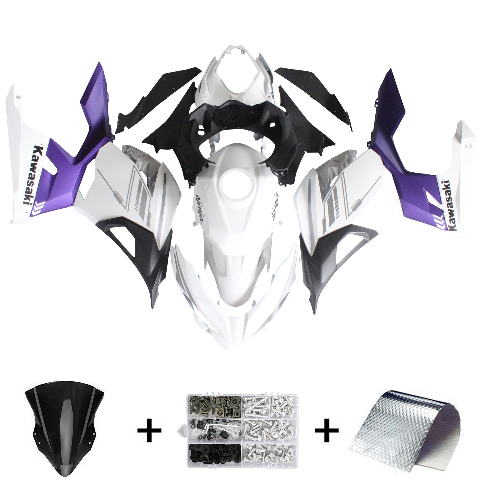 Amotopart Kawasaki EX400/Ninja400 2018-2023 Kit de carenado blanco mate y morado