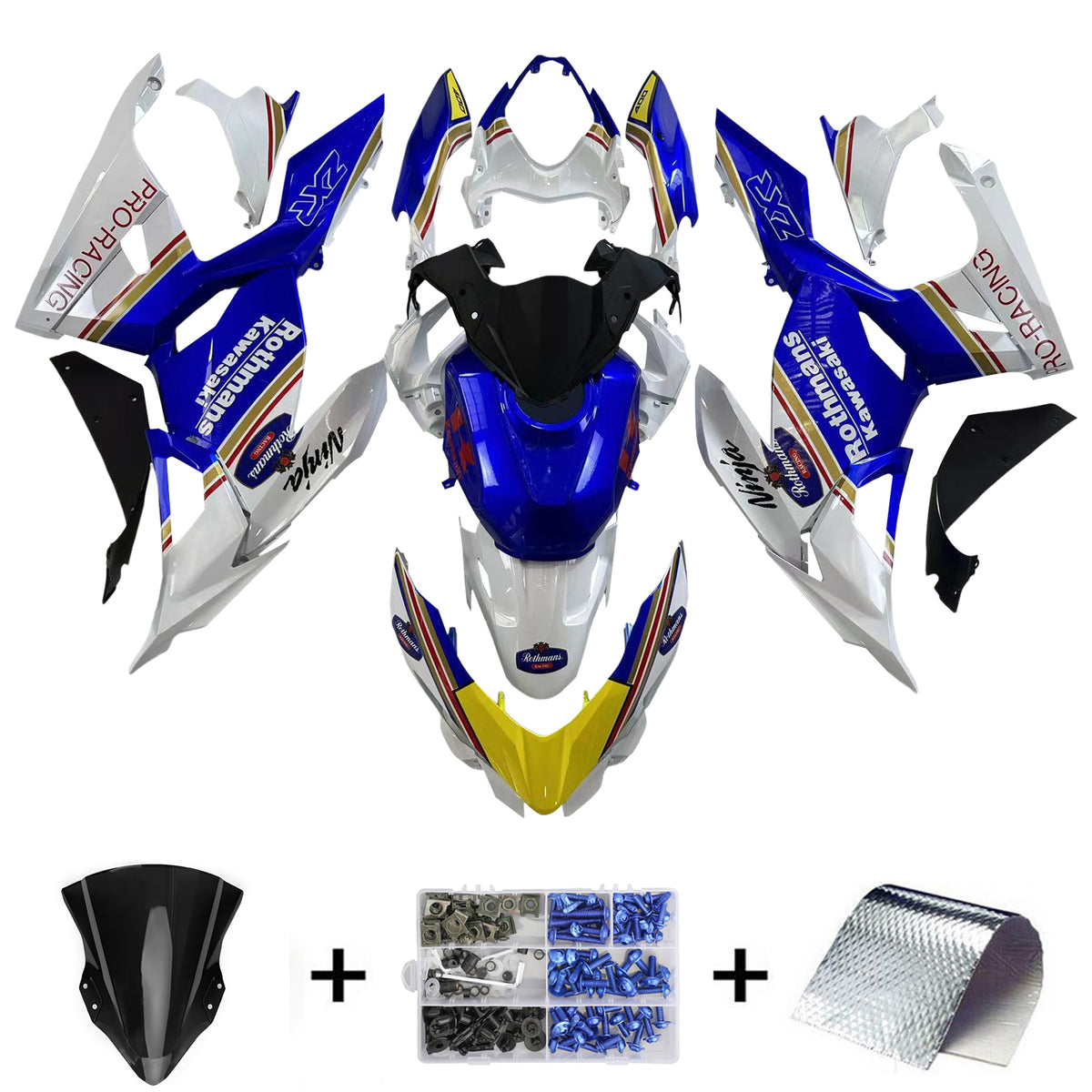 Amotopart Kawasaki EX400/Ninja400 2018-2023 Kit de carénage bleu et jaune