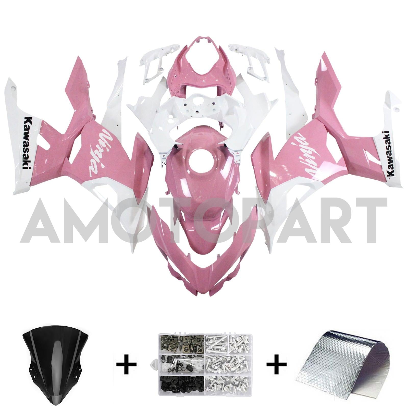 Amotopart Kawasaki Ex400/Ninja400 2018-2023 Pink & White Fairing Kit