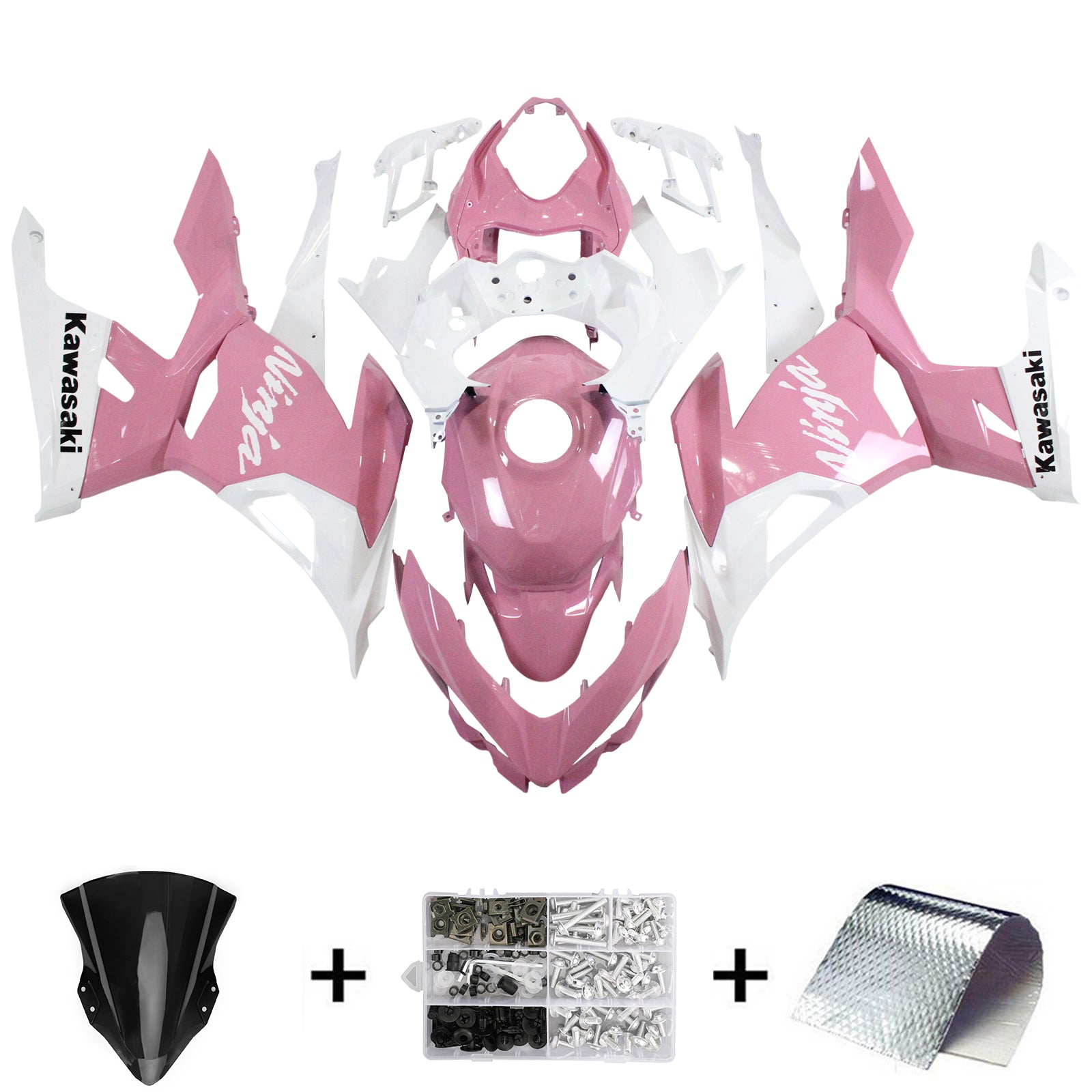 Kit de carenado Amotopart Kawasaki EX400/Ninja 400 2018-2023 rosa y blanco