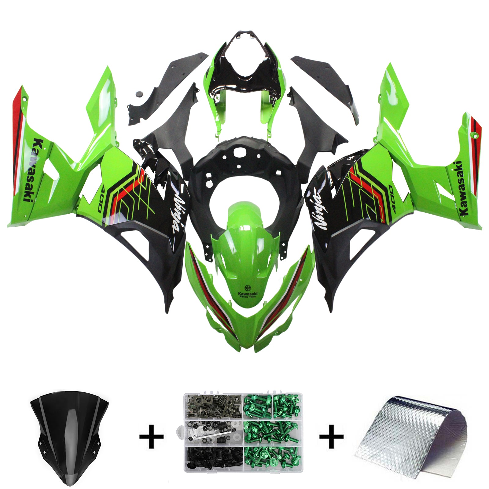 Amotopart Kit de carénage Kawasaki EX400/Ninja 400 2018-2023 vert et noir Style1