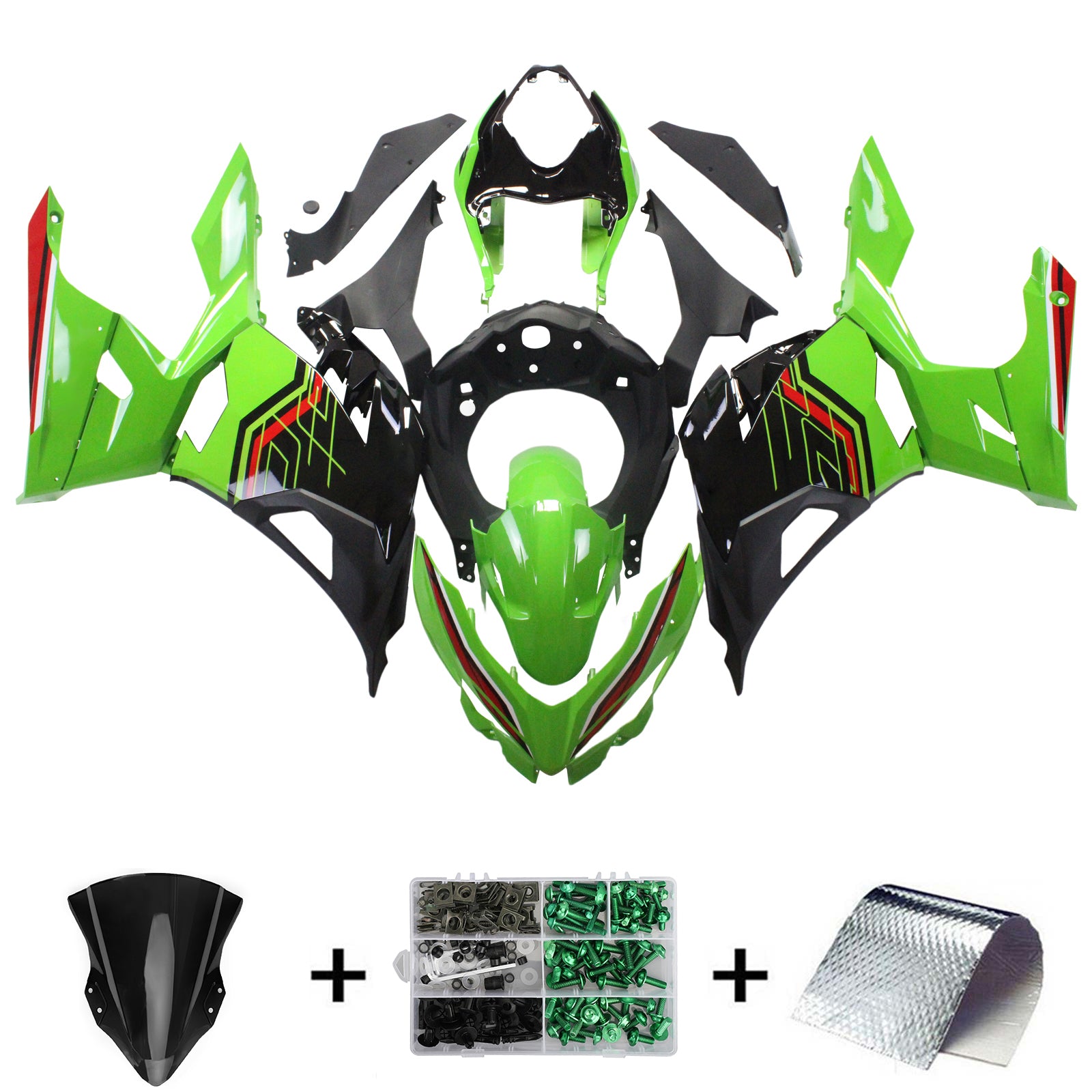 Amotopart Kawasaki EX400/Ninja 400 2018-2023 グリーン & ブラック スタイル 1 フェアリングキット