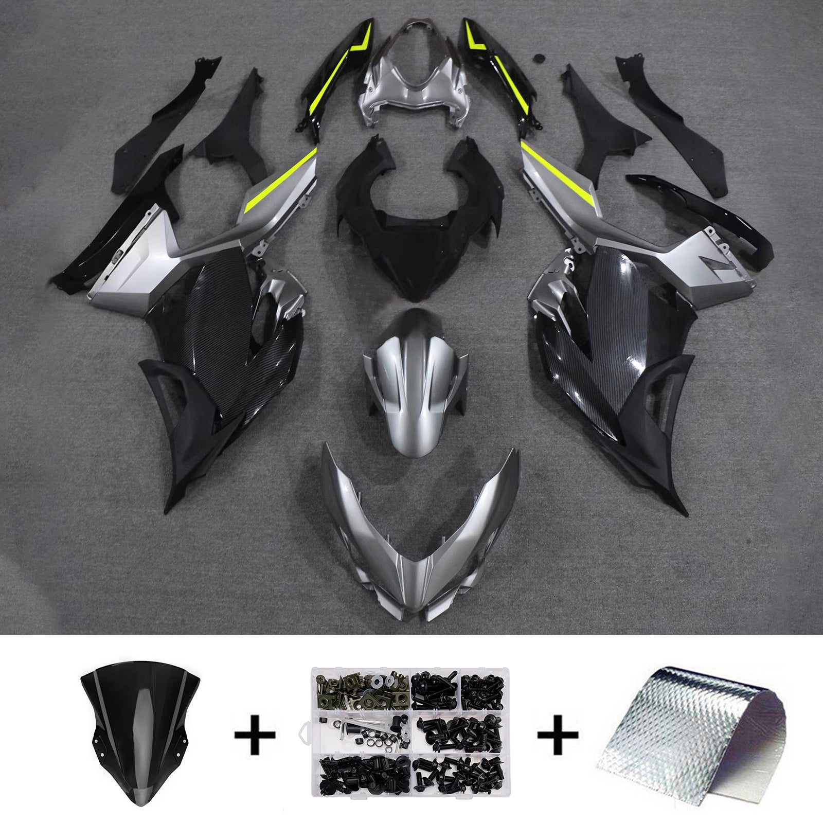 Amotopart 2018–2024 Kawasaki EX400/Ninja400 Verkleidungsset mit grau-schwarzem Karbonfasermuster