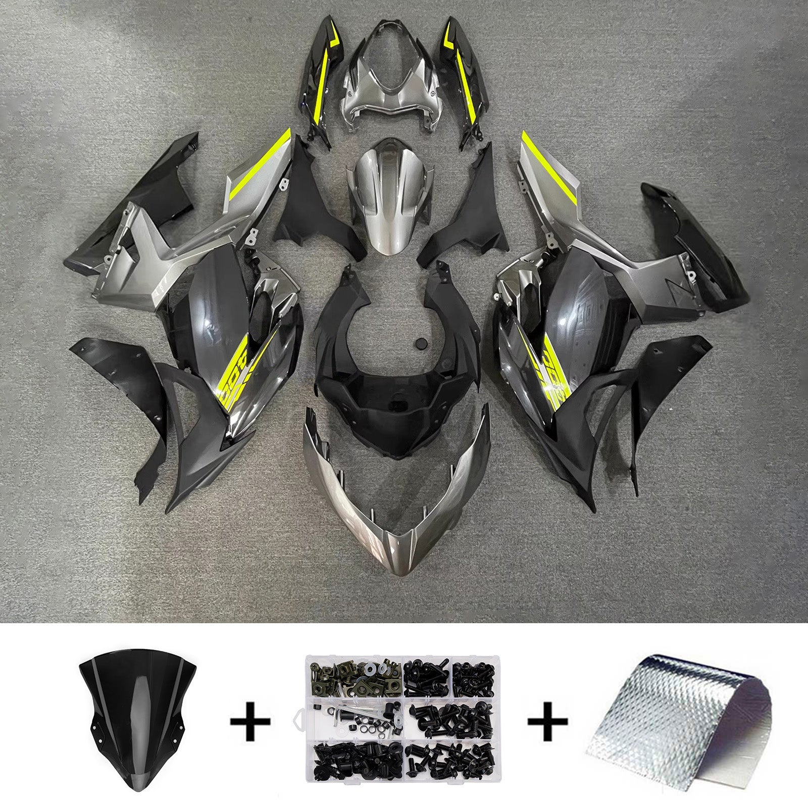 Amotopart 2018-2024 Kawasaki EX400/Ninja400 Grå Gul Sort Fairing Kit