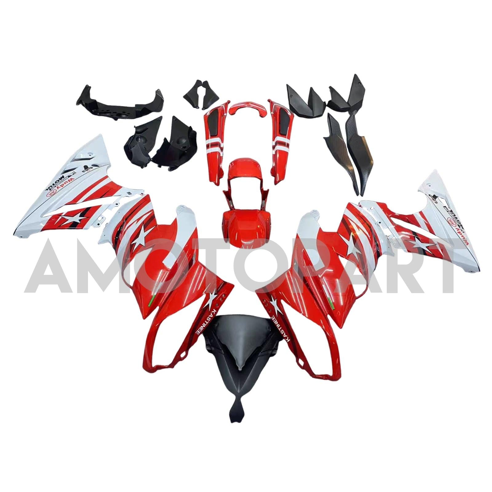 Amotopart 2009-2011 Kawasaki Ninja650 EX650 Red Black & White Star Fairing Kit