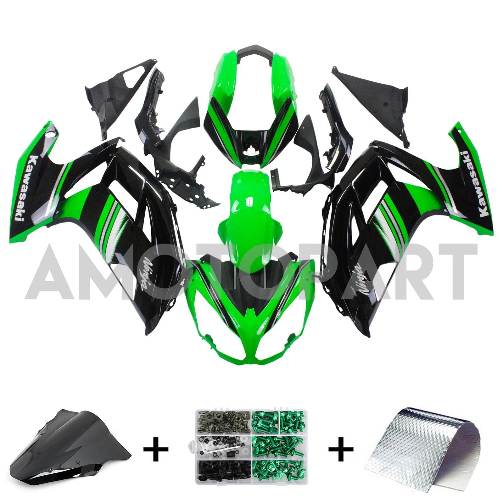Amotopart 2012-2016 Kawasaki Ninja 650 Kit de carenado verde negro