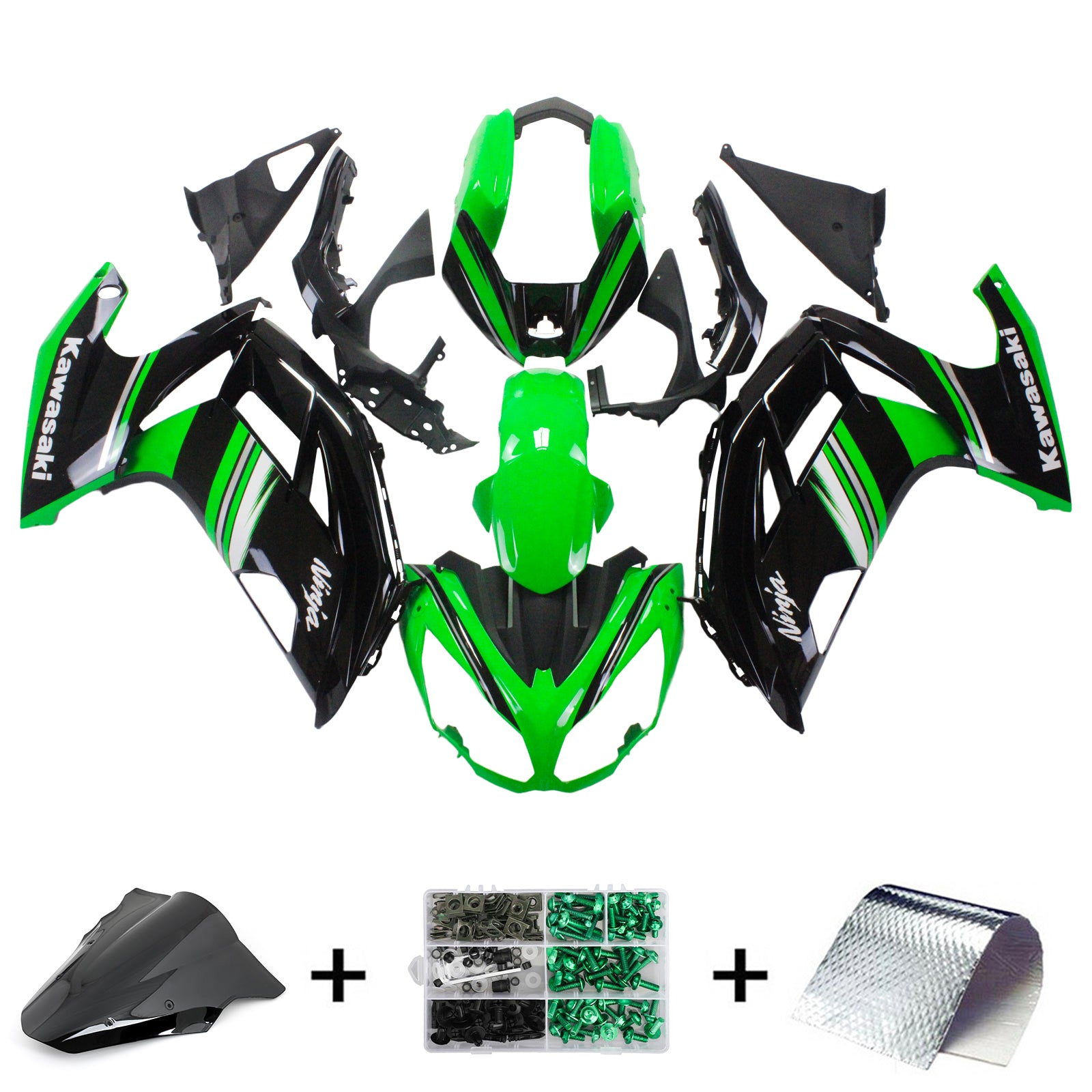 Amotopart 2012-2016 Kawasaki Ninja 650 Kit de carenado verde negro