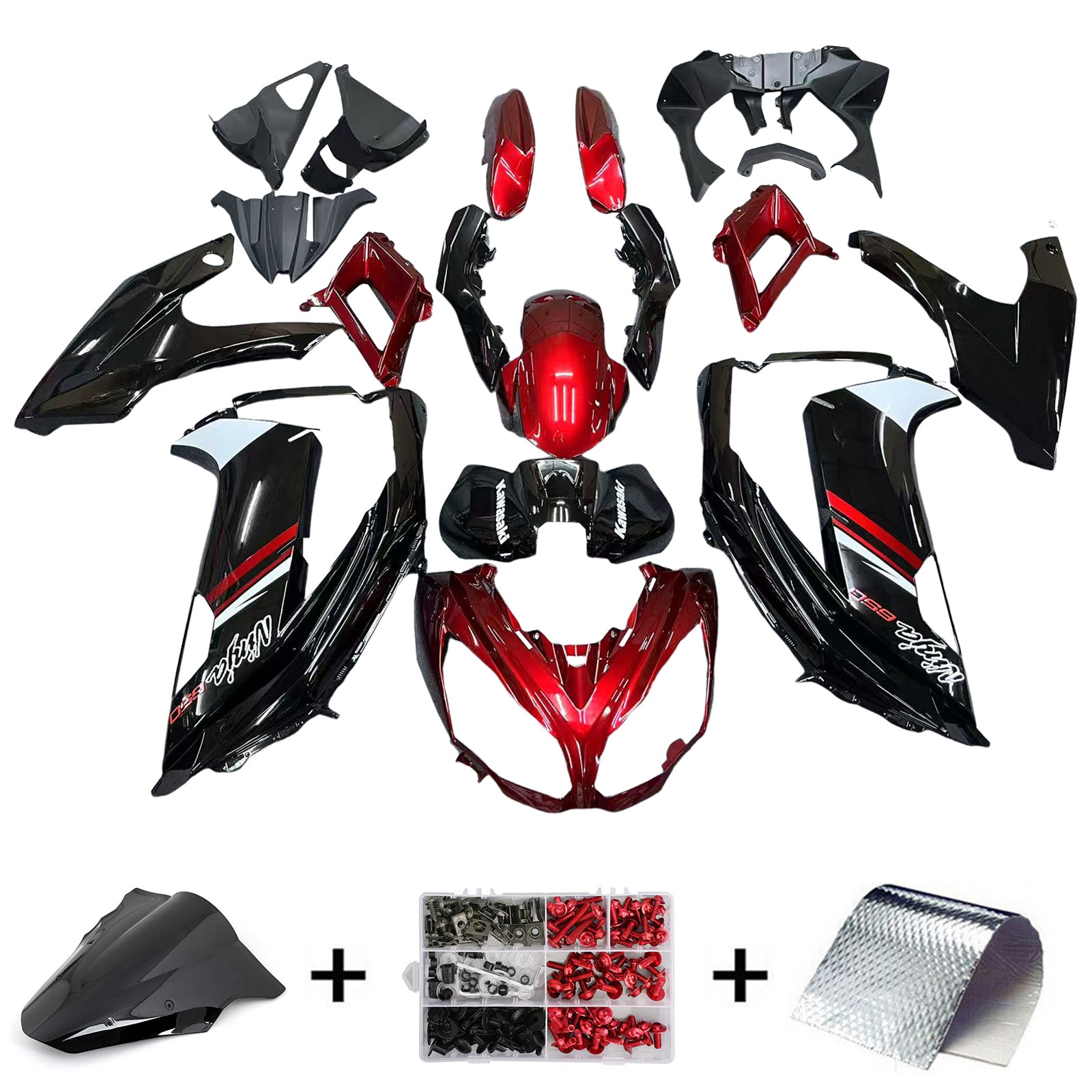 Amotopart 2012–2016 Kawasaki Ninja 650 leuchtend rot-schwarzes Verkleidungsset