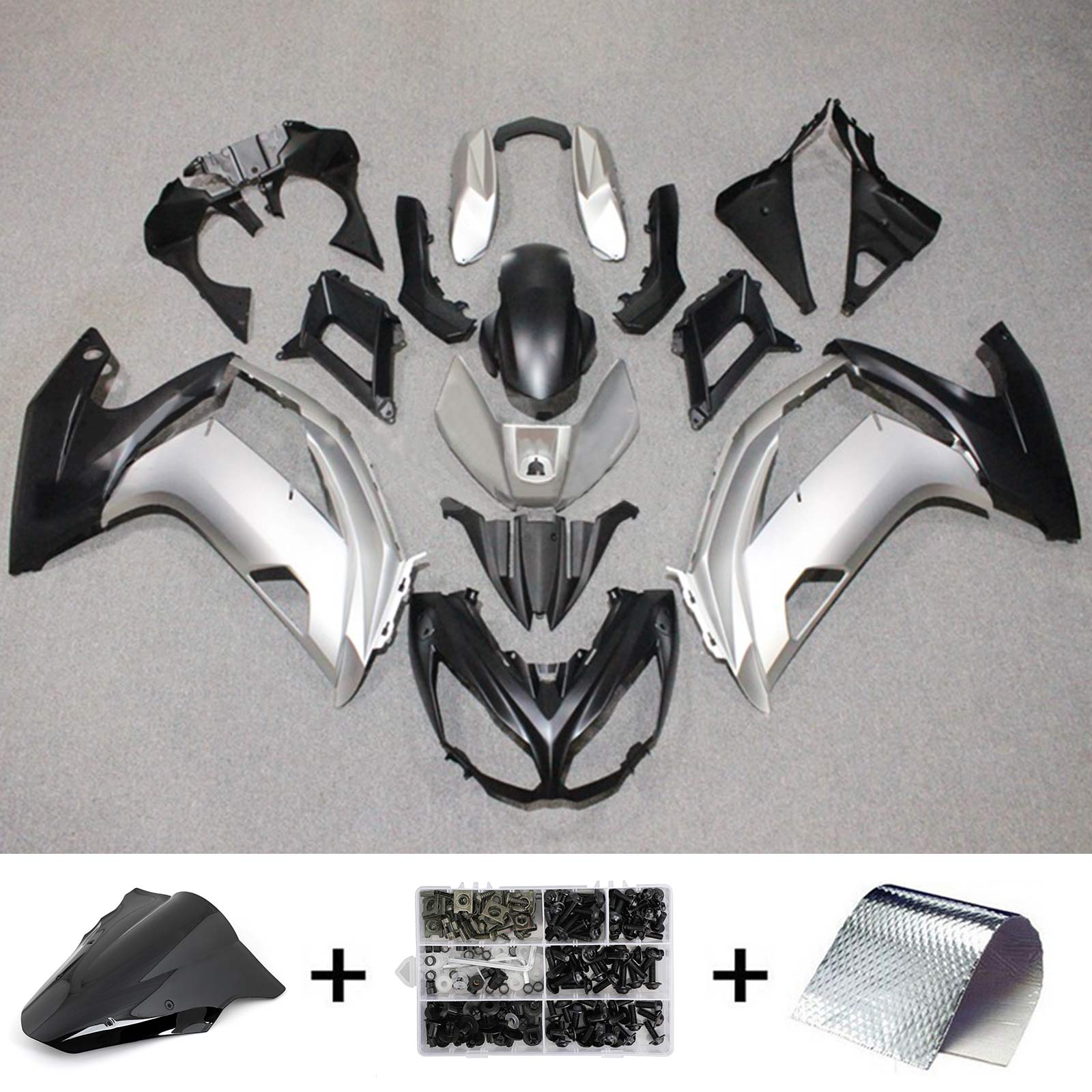 Amotopart 2012-2016 Kawasaki Ninja 650 Kit de carenado plateado y negro