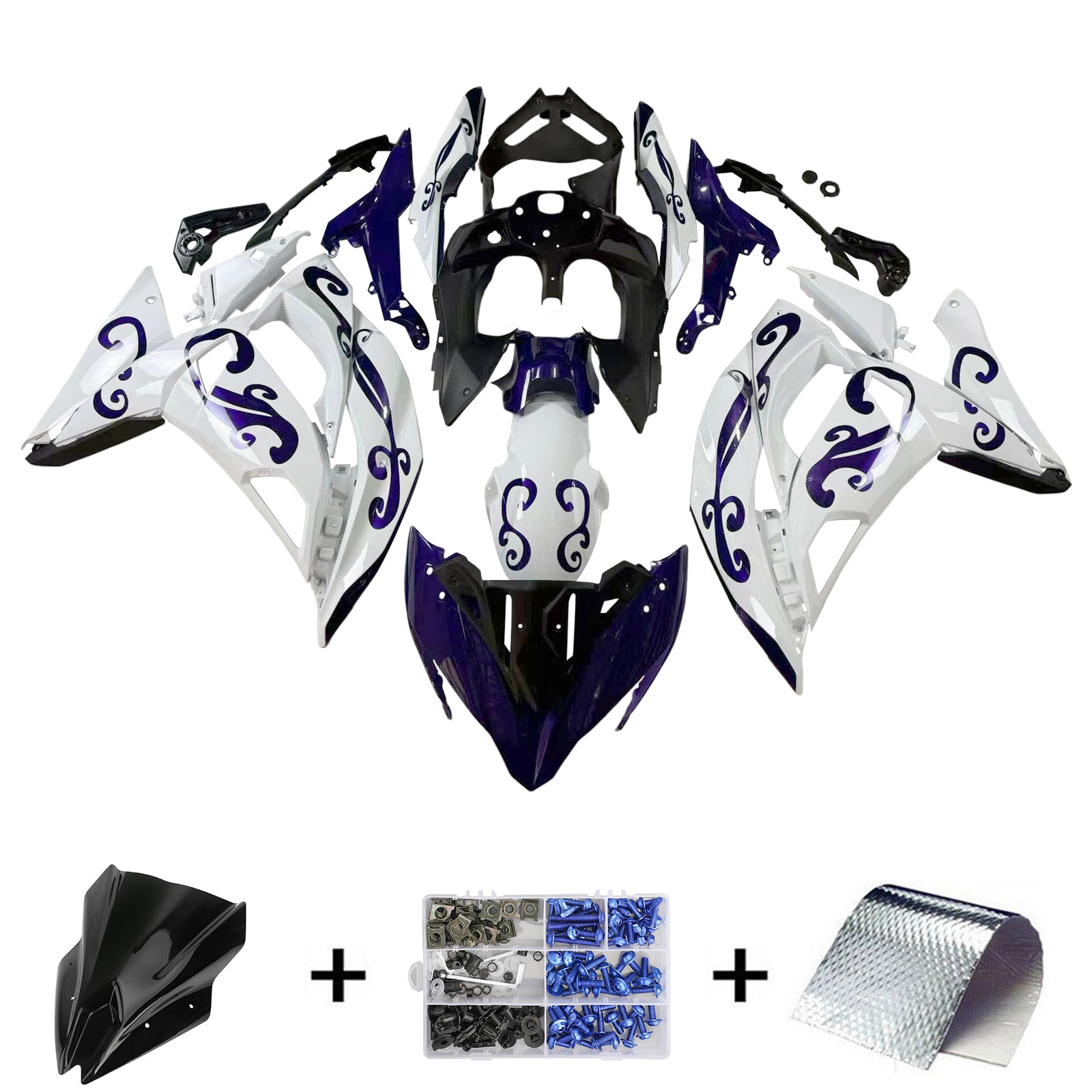 Amotopart Kawasaki ER6F/Ninja650R 2017-2019 Kit de carénage blanc et bleu