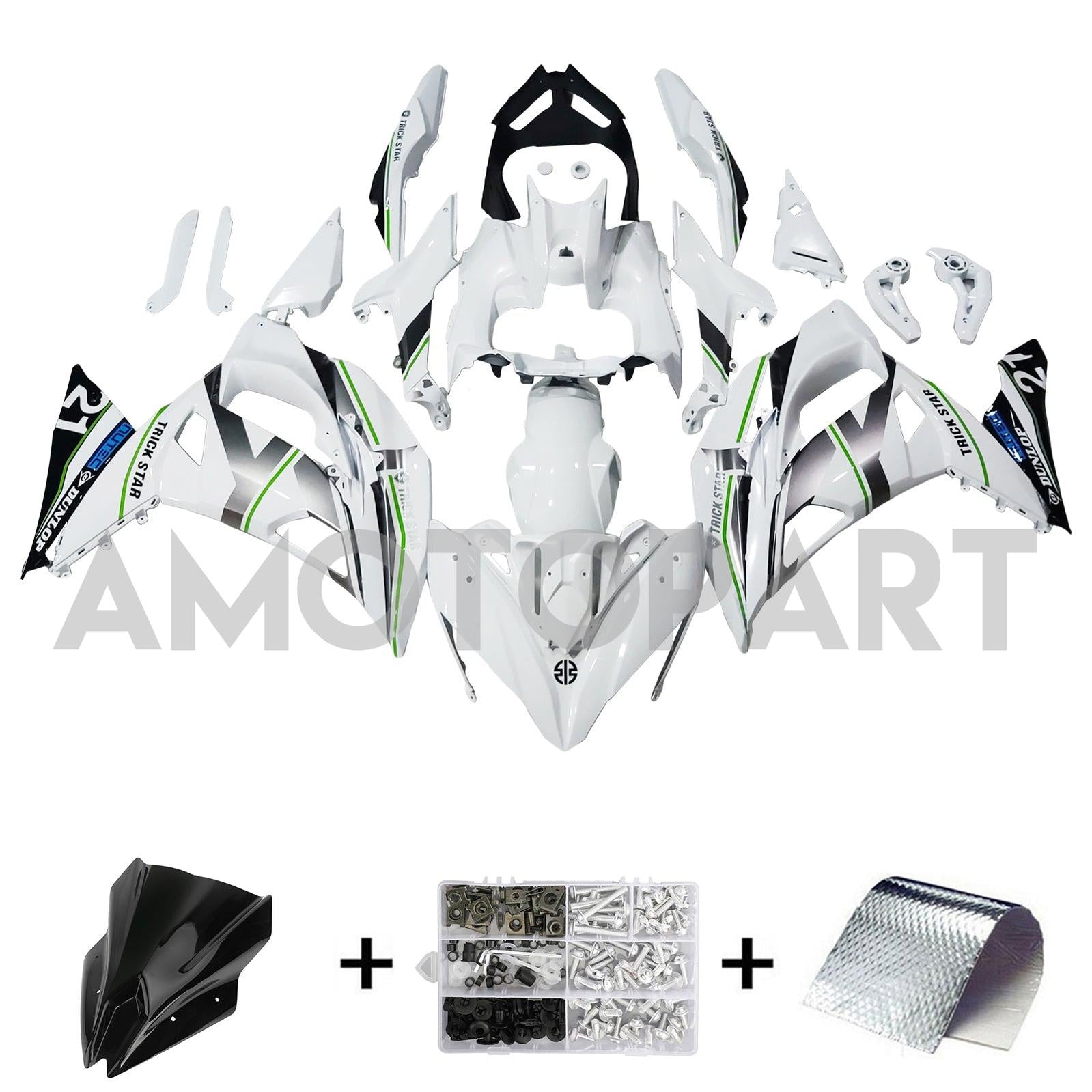 Amotopart 2017-2019 Kawasaki ER6F/Ninja650r Weiß mit Green Stripe Fairing Kit