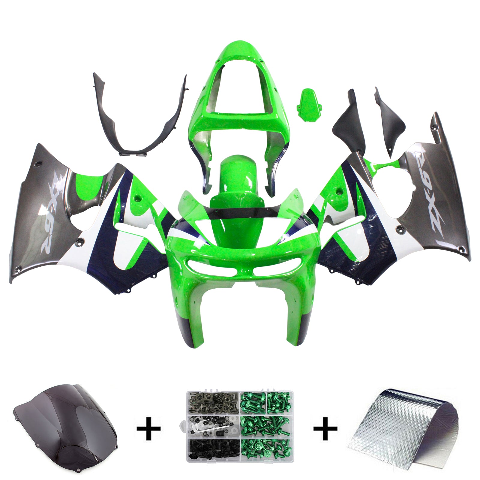 Amotopart Kawasaki ZX6R 1998-1999 Kit de carenado verde y negro